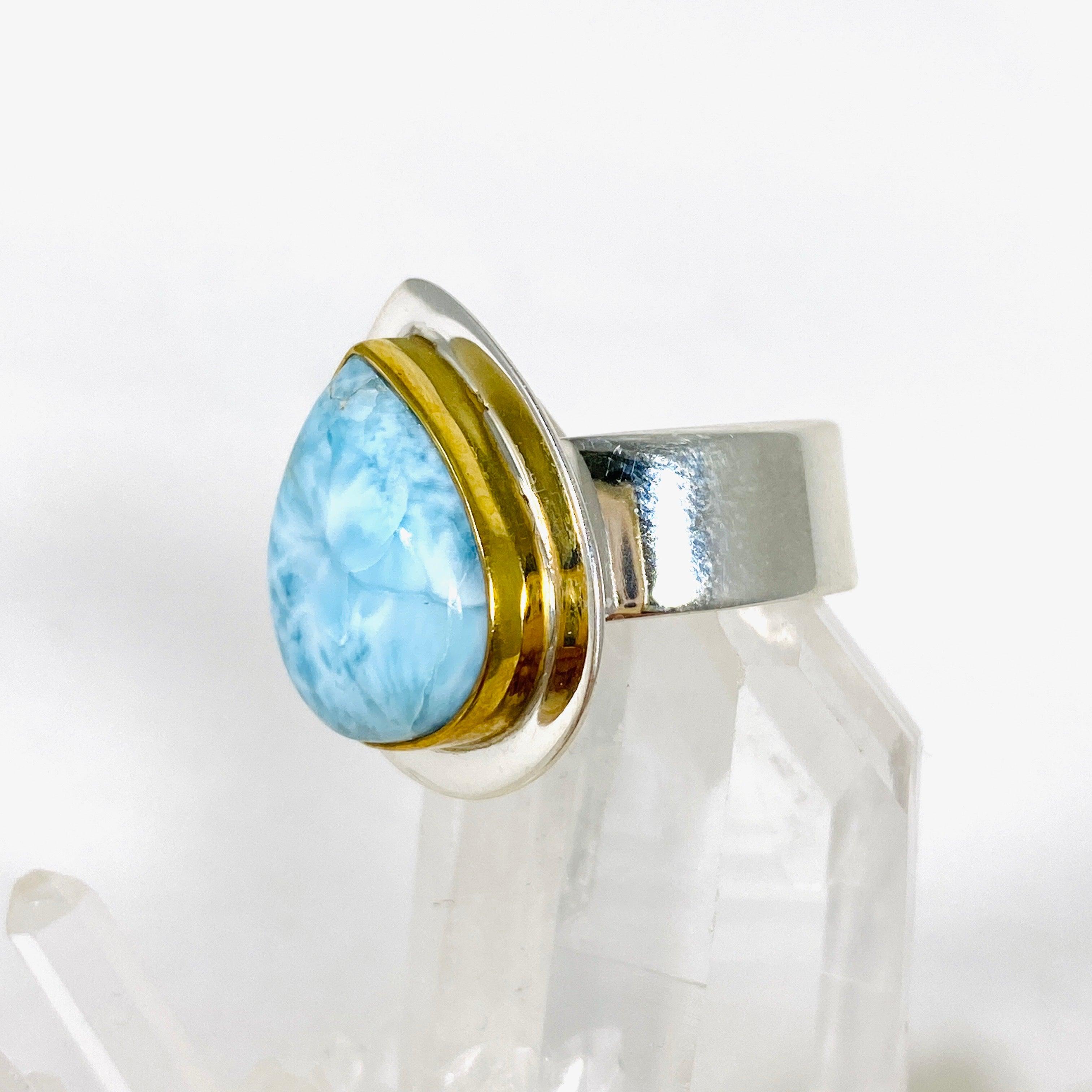 Larimar Teardrop Ring with Brass Detailing - Size 6 - Handmade Sterling Silver Jewelry - KRGJ3087 - Perfect for Boho Style, Beach Wedding & Everyday Wear