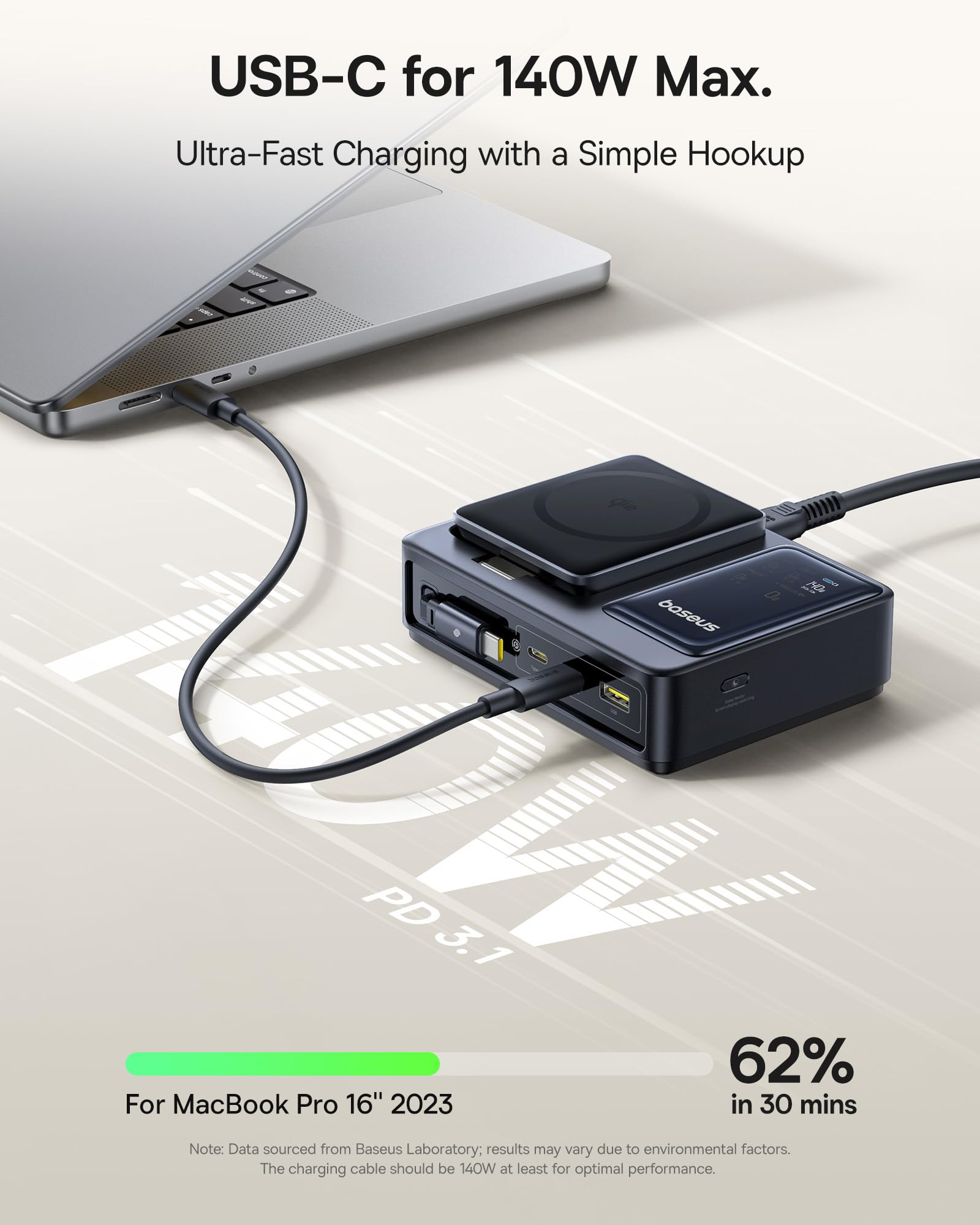 Baseus Nomos 5-in-1 140W GaN Fast Charging Station with Qi2 Certified 15W Magnetic Wireless Charger, 100W Retractable Cable - USB C Desktop Charger for Magsafe, iPhone 16/15 Pro Max, MacBook Pro - Perfect for Home, Office & Travel Charging Needs