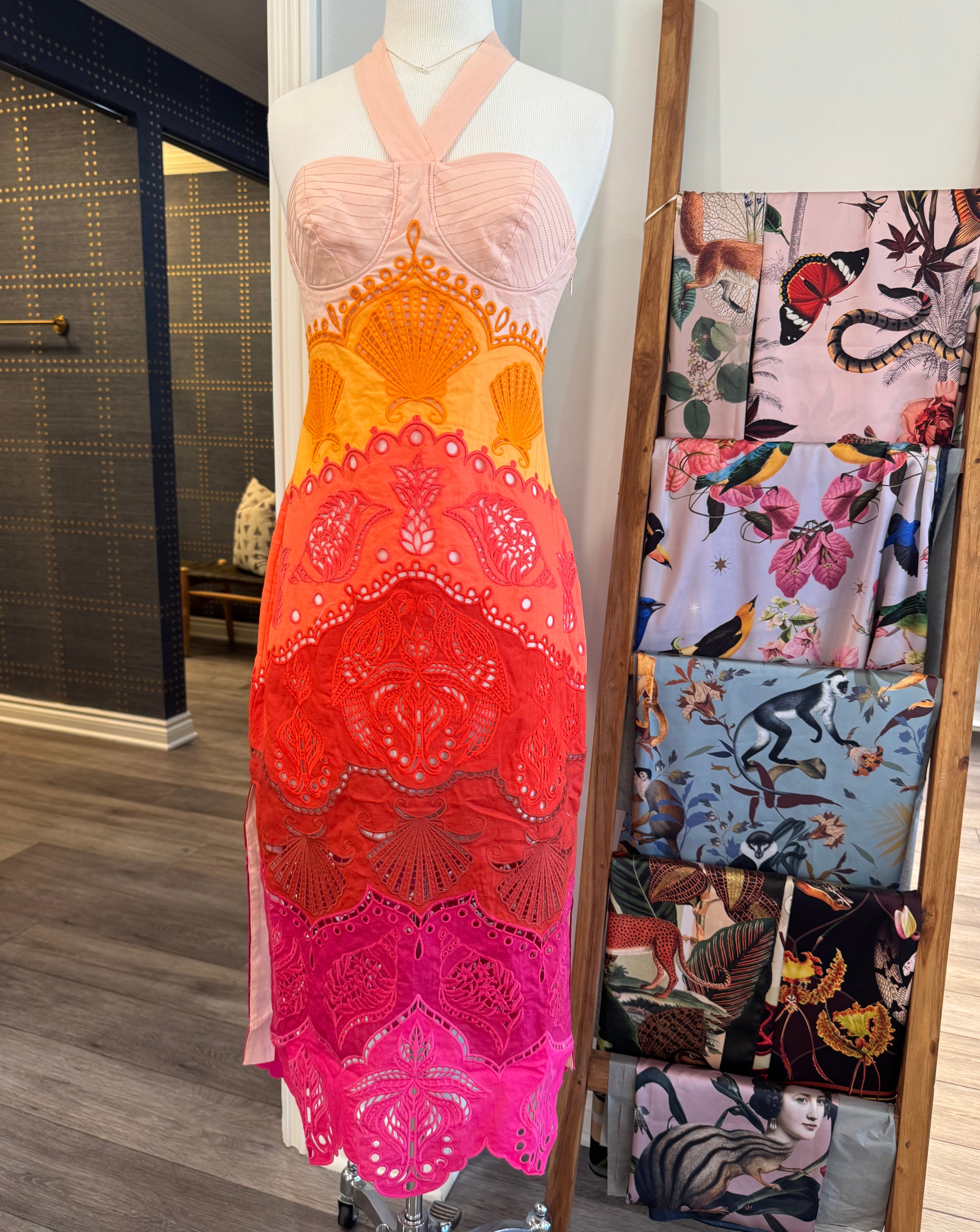Farm Rio Women's Summer Gradient Richelieu Dress - Flowy Bohemian Maxi Dress for Beach Vacation, Music Festival & Tropical Getaway