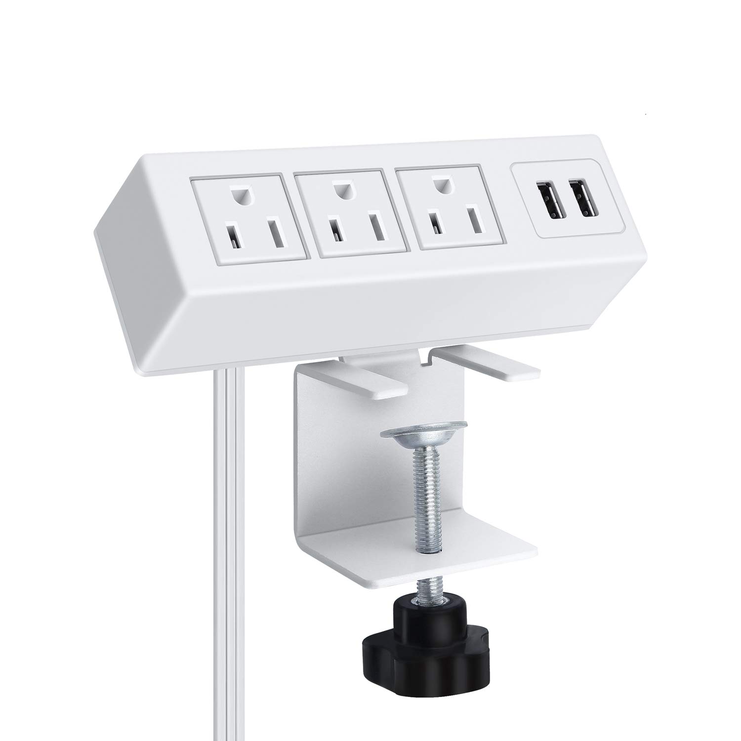 3 Outlet Desk Clamp Power Strip with USB - 10FT White for Home Office