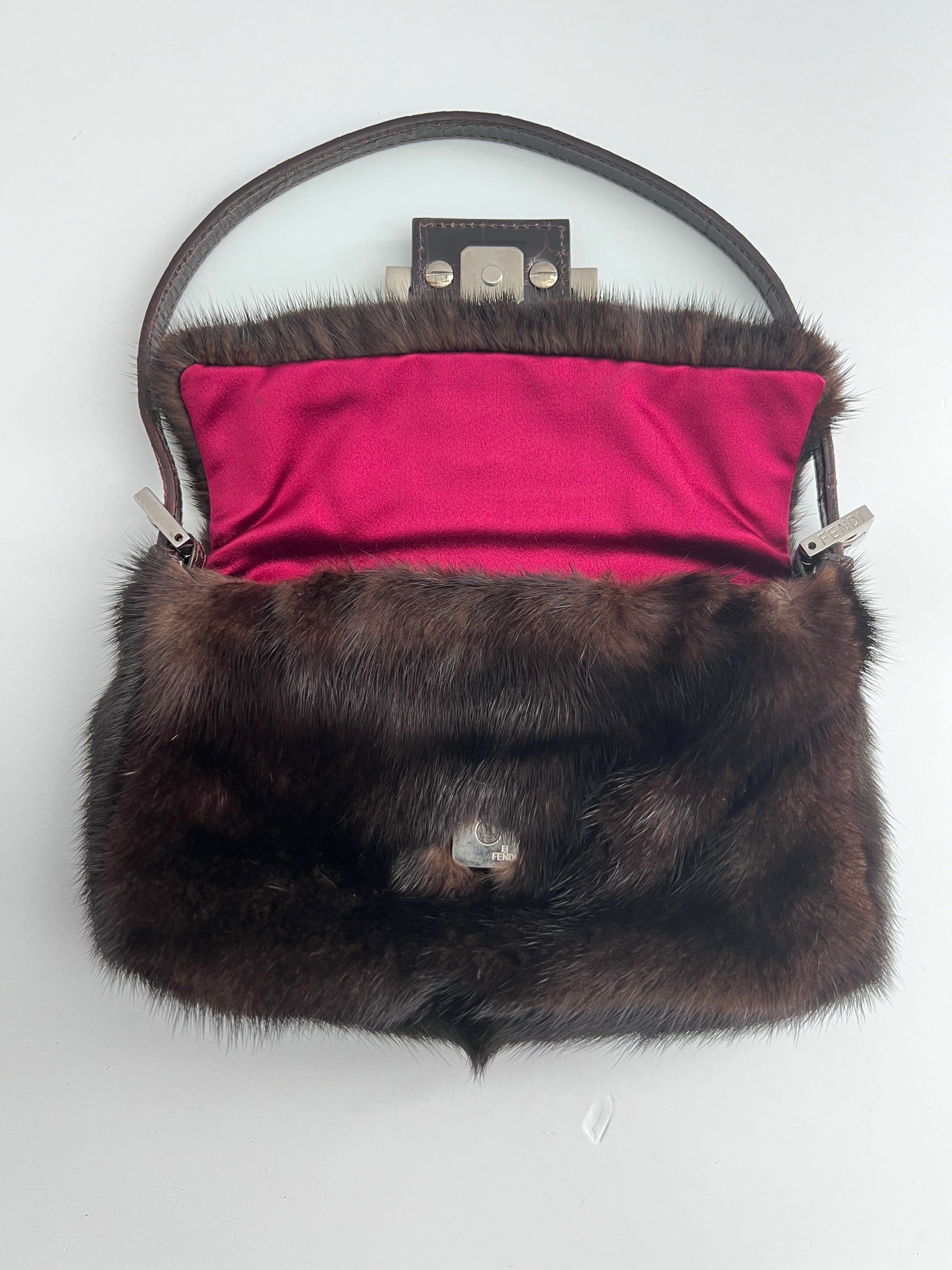 Vintage Fendi Brown Mink Fur Mini Baguette Bag - Luxury Designer Crossbody Purse for Women, Perfect for Evening Parties & Special Occasions