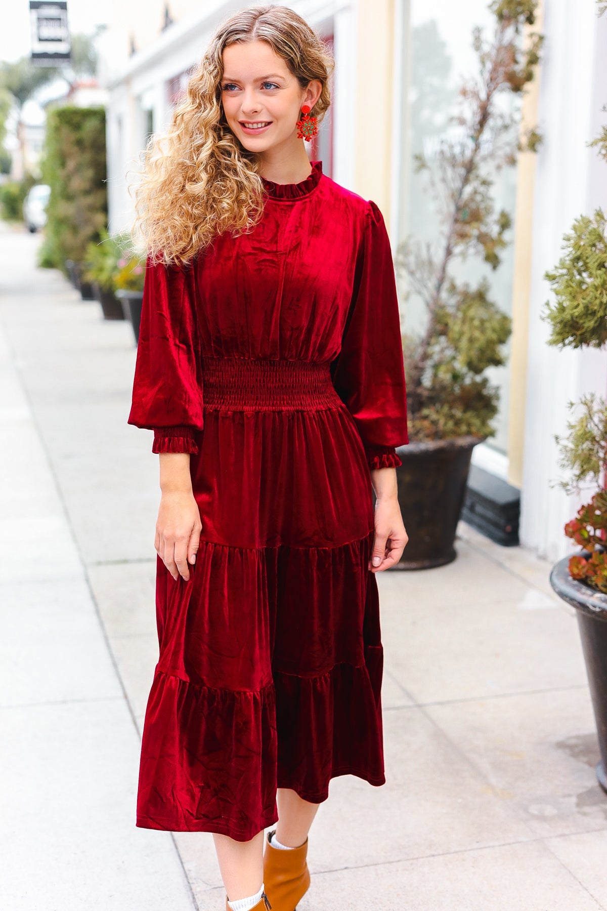 Burgundy Velvet Mock Neck Smocked Waist Dress for Women - Elegant Holiday Party & Christmas Dinner Outfit