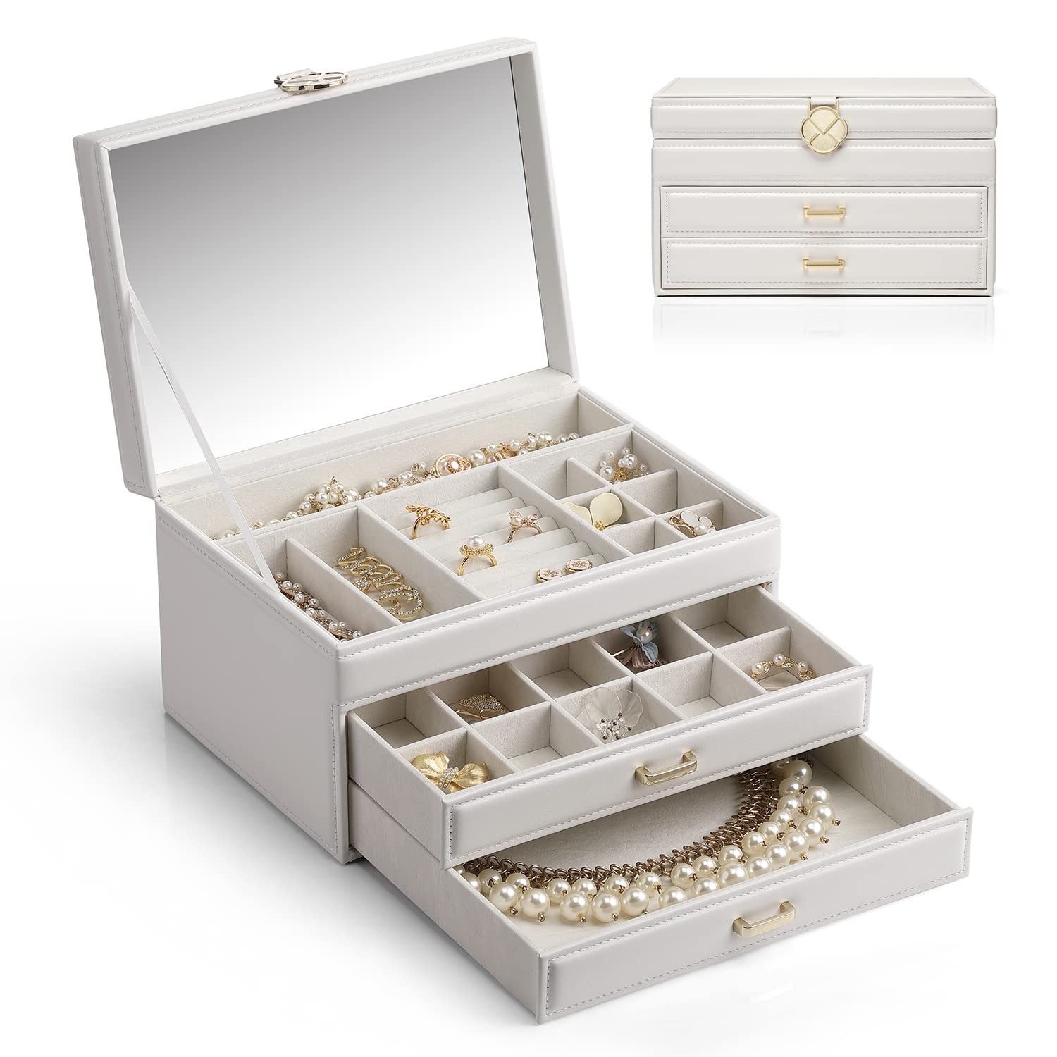 Vlando Jewelry Box Organizer with Full HD Mirror - 2-Drawer Multi-Compartment Storage for Necklaces, Earrings, Watches & Rings - Vintage White Jewelry Case - Perfect for Bedroom Vanity, Travel & Gift Giving