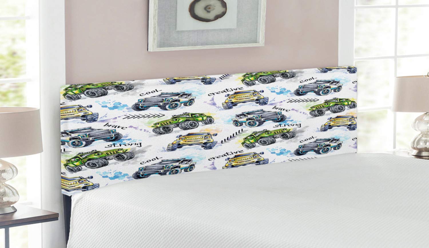 Ambesonne Cars Headboard - Hand Painted Watercolor Monster Trucks with Oversized Wheels, Off-Road Lifestyle Design | Upholstered Decorative Metal Bed Headboard with Memory Foam | Queen Size in Yellow, Lavender & Blue | Perfect for Kids' Bedrooms, Racing Theme Decor & Automotive Enthusiasts
