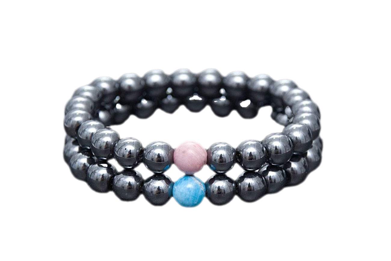 His and Her Love Bracelets for Couples - Matching Hematite Rhodonite Apatite Stone Beaded Bracelets (10mm, 7