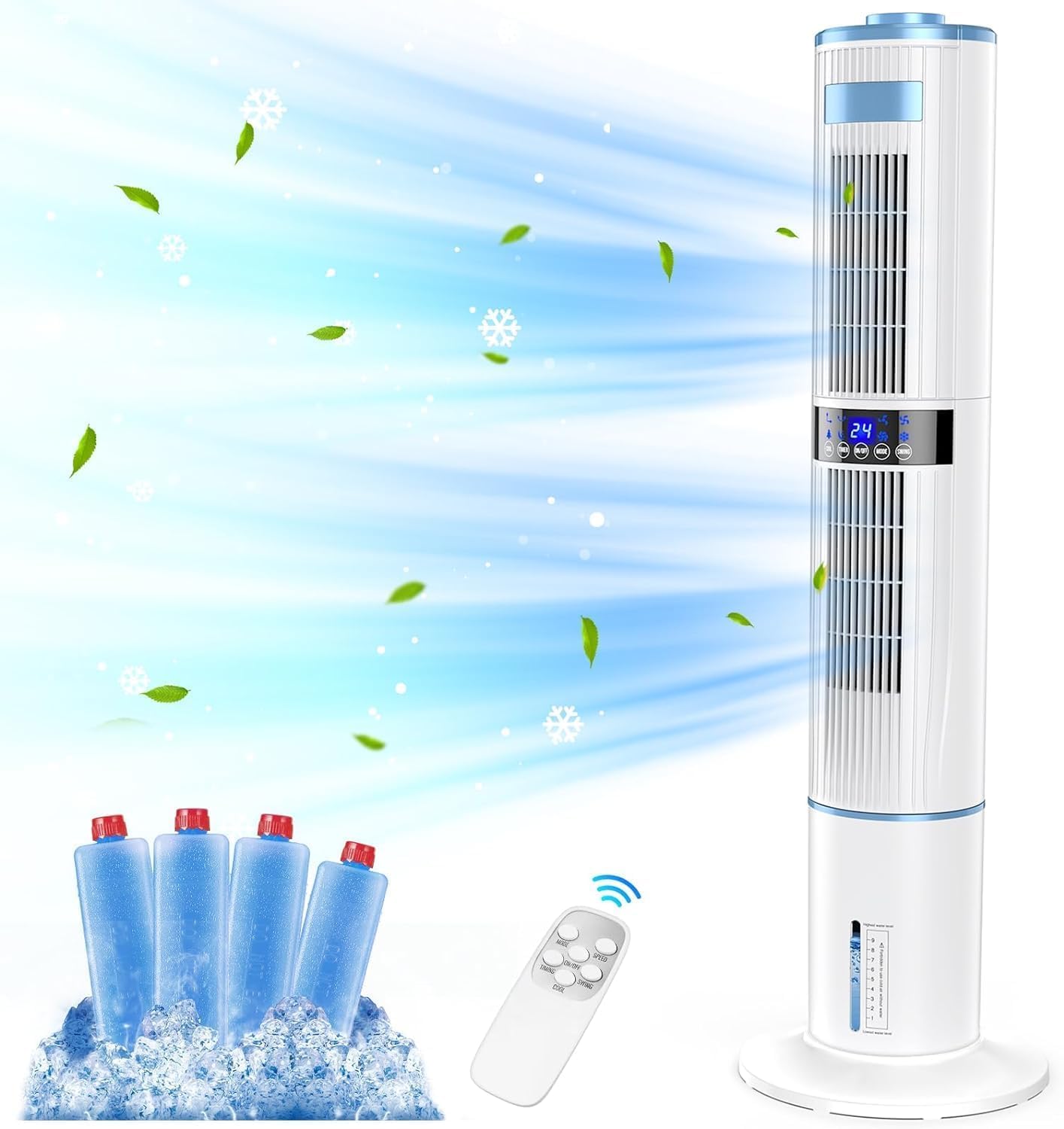 Portable Air Conditioner Tower Fan with Water Cooling & Remote Control - 4 Modes, 24H Timer, 65W, 4L Tank - Perfect for Bedroom, Office & Home Cooling