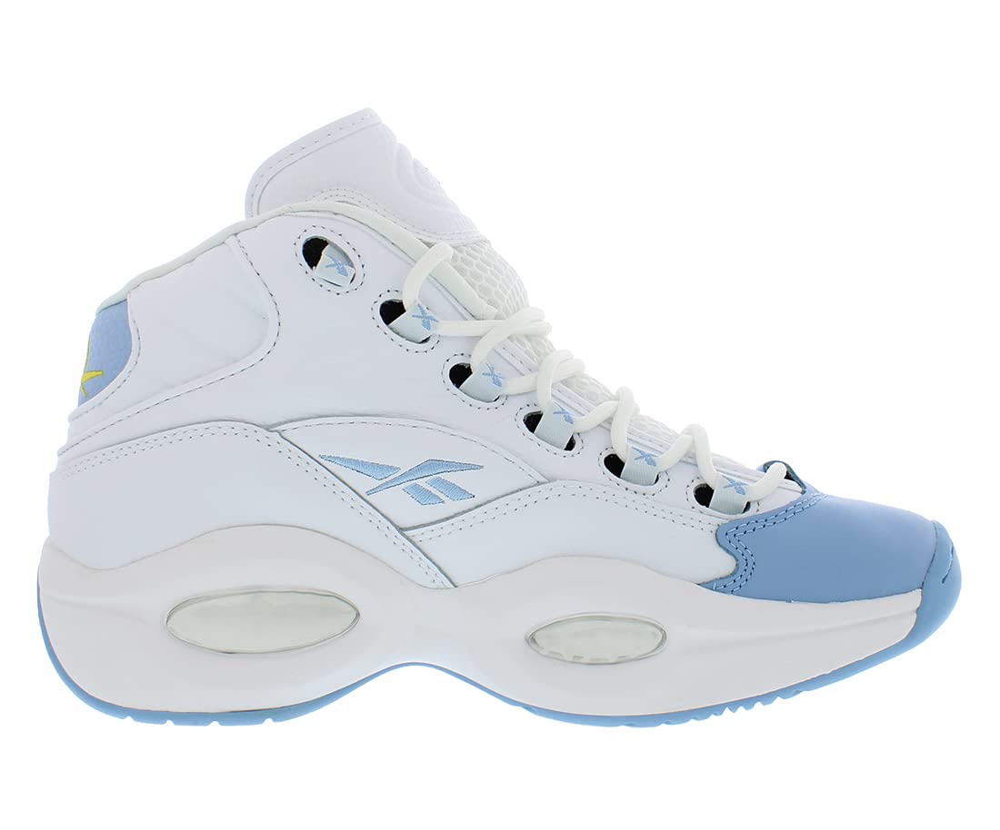 Reebok Question Mid GS Boys Basketball Shoes Size 7 - Cloud White/Fluid Blue/Toxic Yellow - Kids' Performance Sneakers for Court Play & Street Style