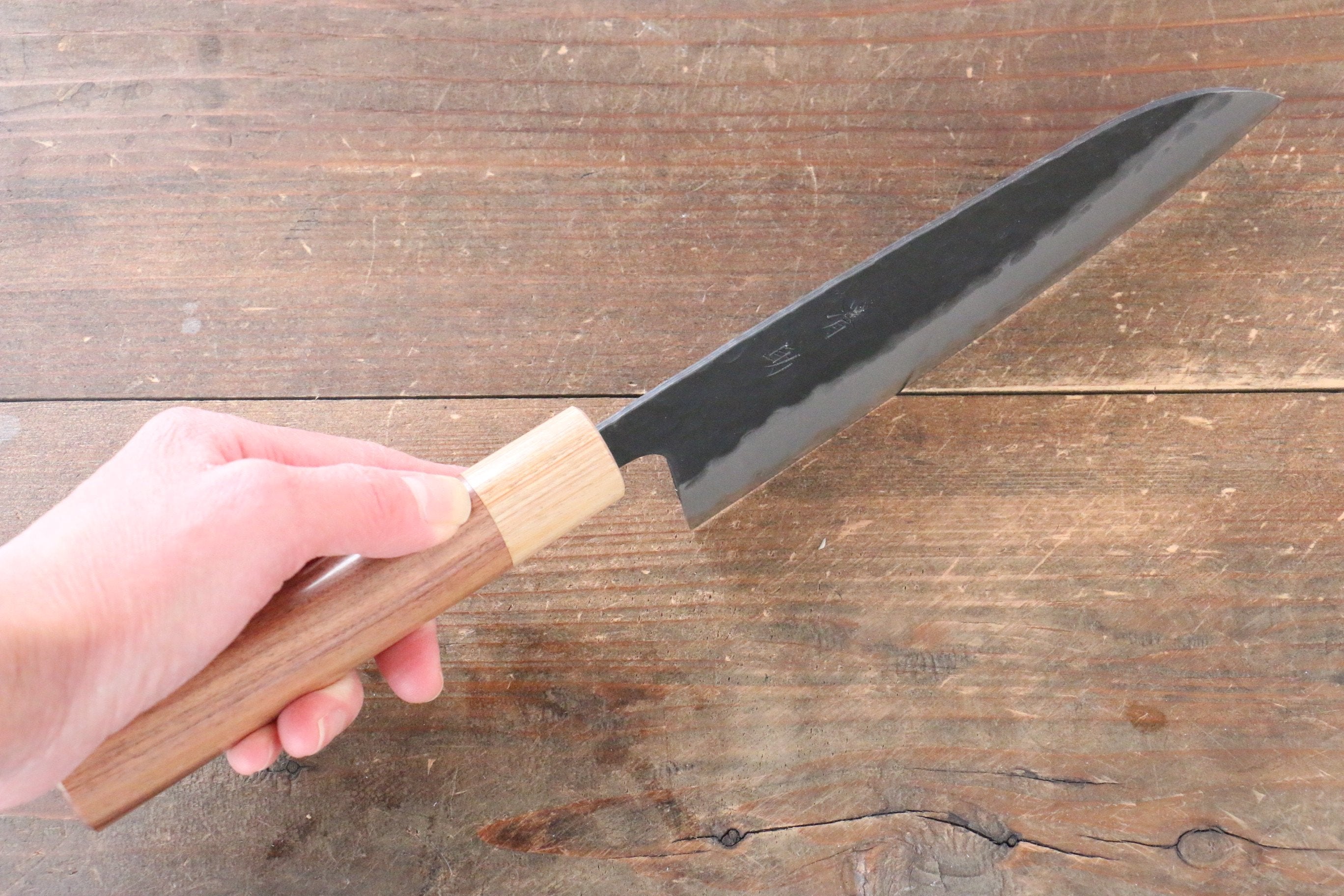 Seisuke Kokubyaku Blue Super Hammered Santoku Knife 165mm with Morado Wood Handle - Perfect for Slicing, Dicing, and Chopping Vegetables in Professional Kitchens & Home Cooking