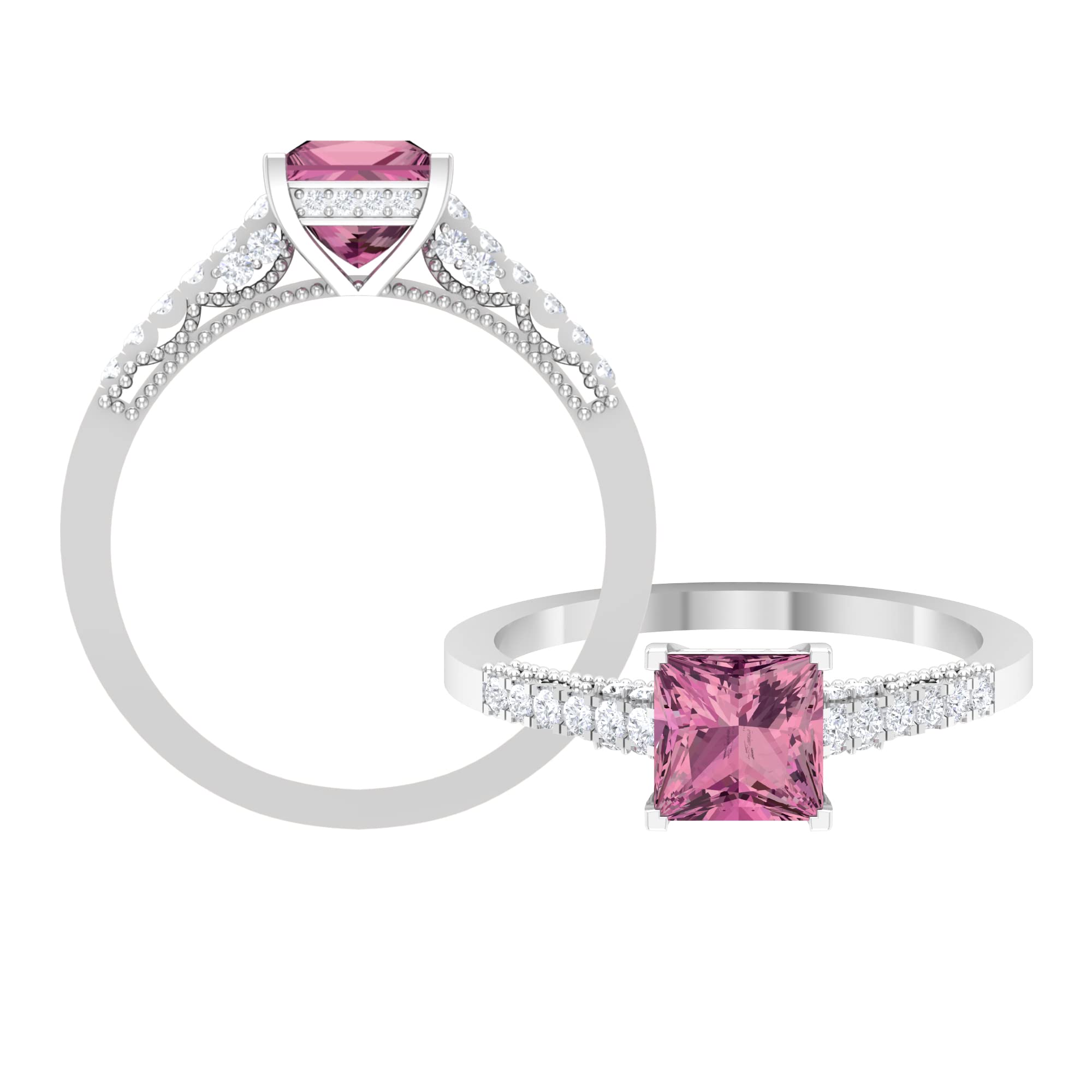 1.5 CT Pink Tourmaline & Diamond Engagement Ring - 6mm Princess Cut Solitaire in 14K Solid Gold with Diamond Side Stones | Elegant Wedding, Anniversary & Promise Ring for Women