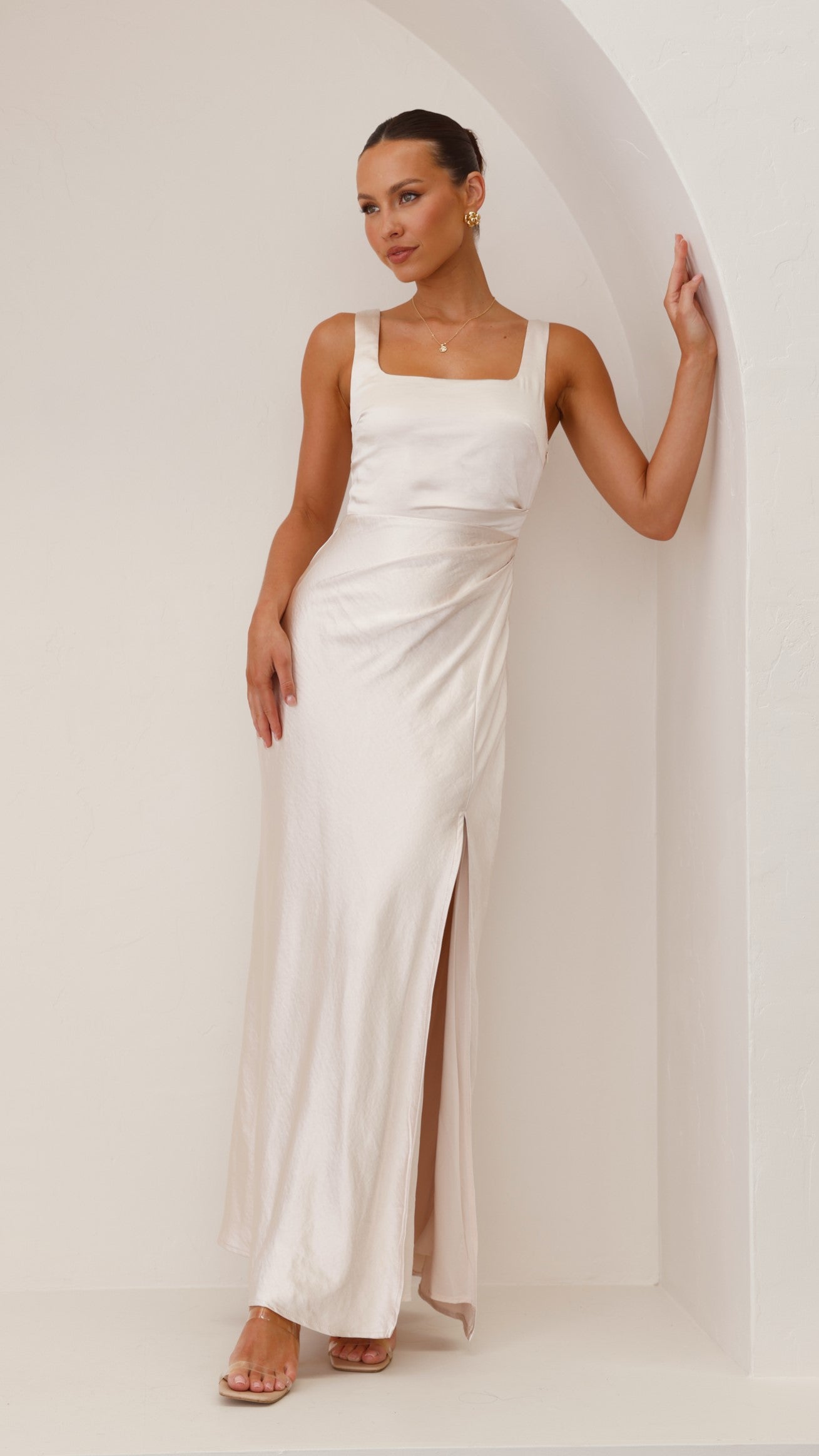 Alaria Maxi Dress in Champagne - Elegant Long Flowy Summer Dress for Women | Perfect for Beach, Wedding, and Evening Occasions