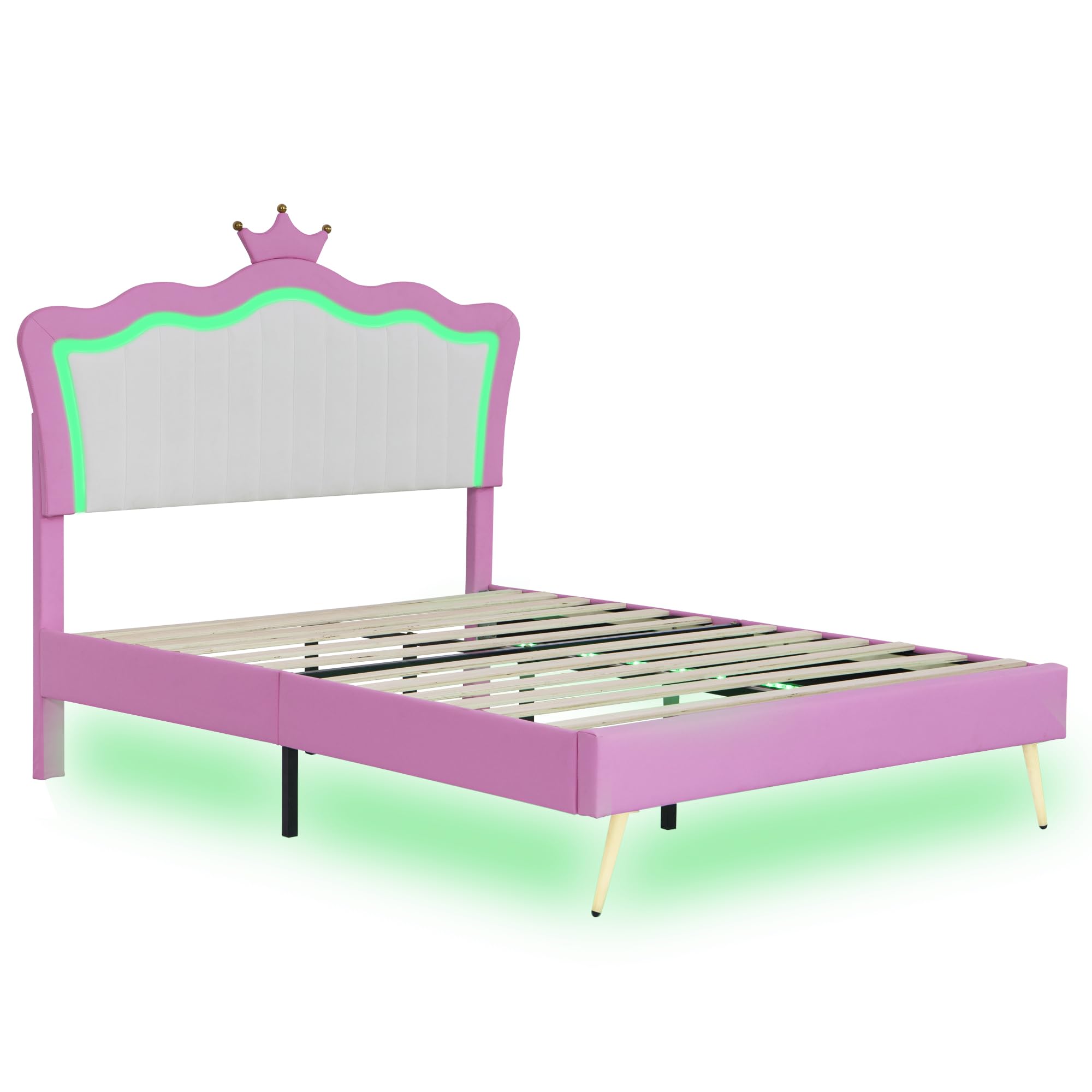 Linique Full Size Upholstered Bed Frame with LED Lights - Modern Princess Bed with Crown Headboard in Pink & White - Perfect for Girls' Bedroom, Teen Room Decor & Luxury Bedroom Makeover