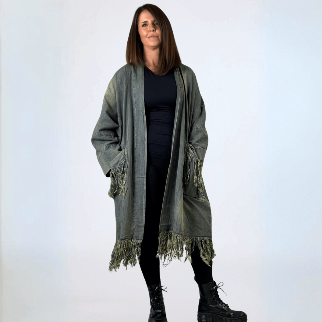 Jaded Gypsy Distressed Denim Fringe Duster Jacket for Women - Vintage Boho Style Long Coat - Perfect for Music Festivals & Casual Outfits