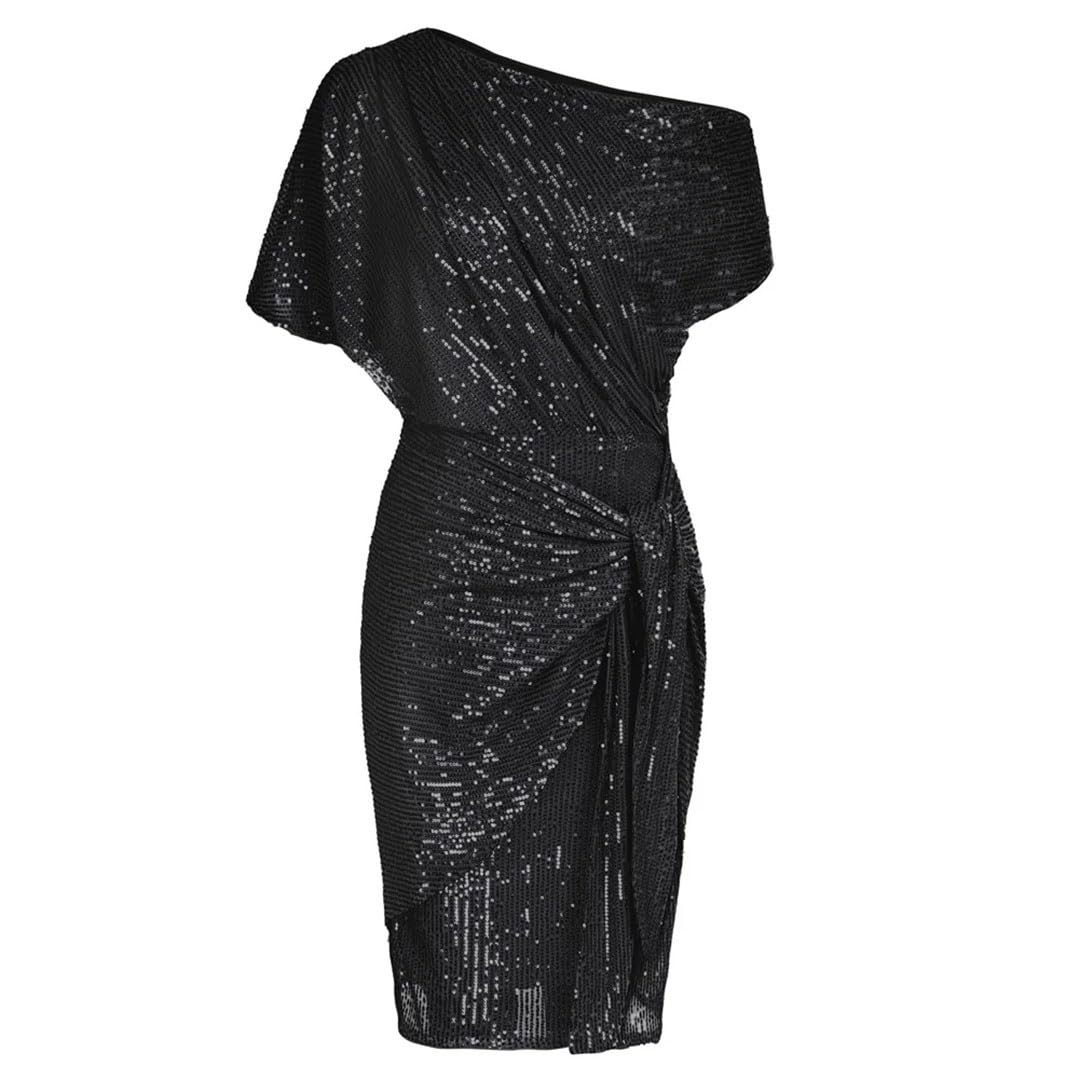 Women's Sequined Cocktail Party Dress - Summer Short Sleeve Ruched Bodycon Dress with Asymmetric Shoulder for Night Out, Club, Wedding Guest & Special Occasions