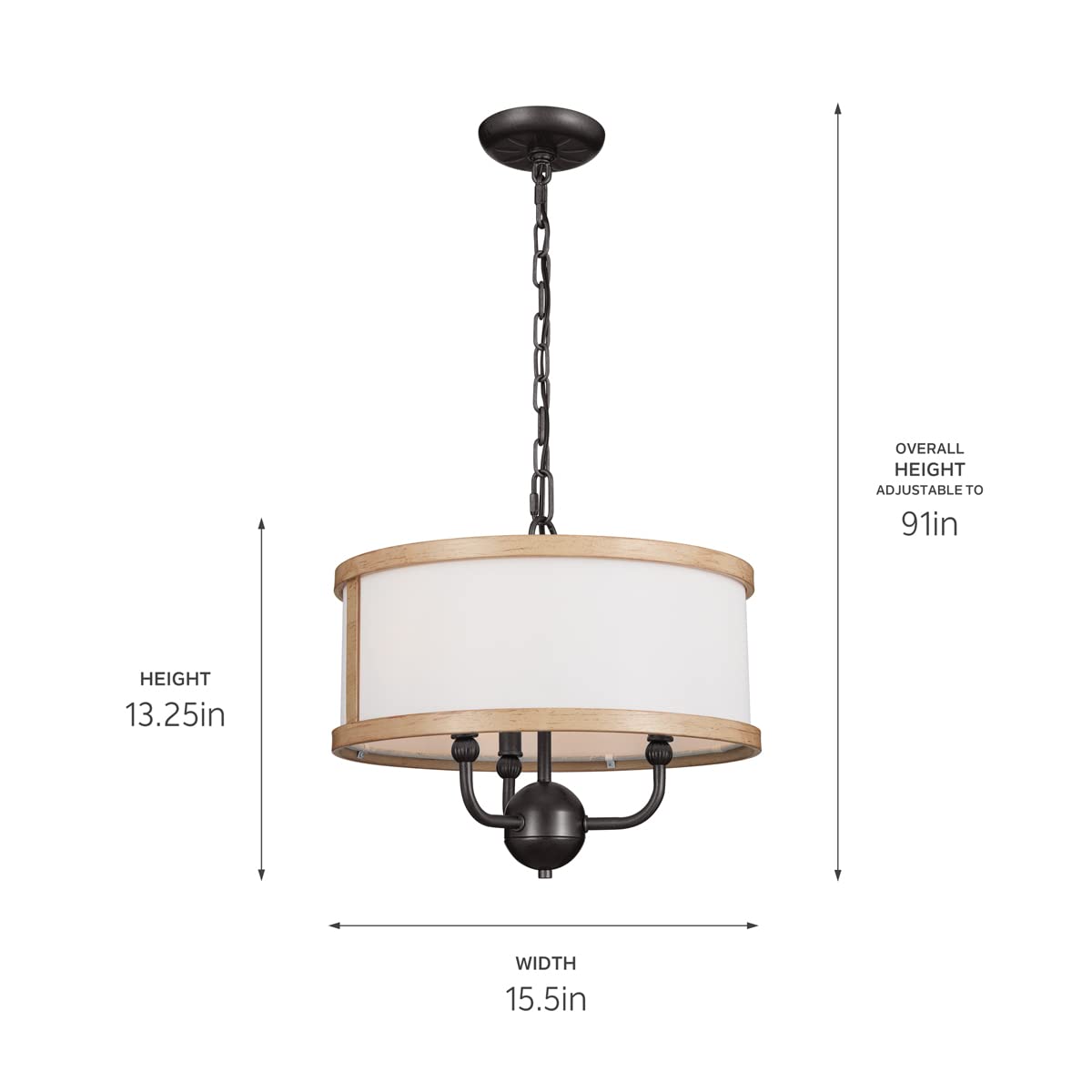 Kichler Heddle 15.5 Inch 3-Light Chandelier in Anvil Iron and Beech - Modern Farmhouse Ceiling Light Fixture for Dining Room, Bedroom or Entryway Lighting