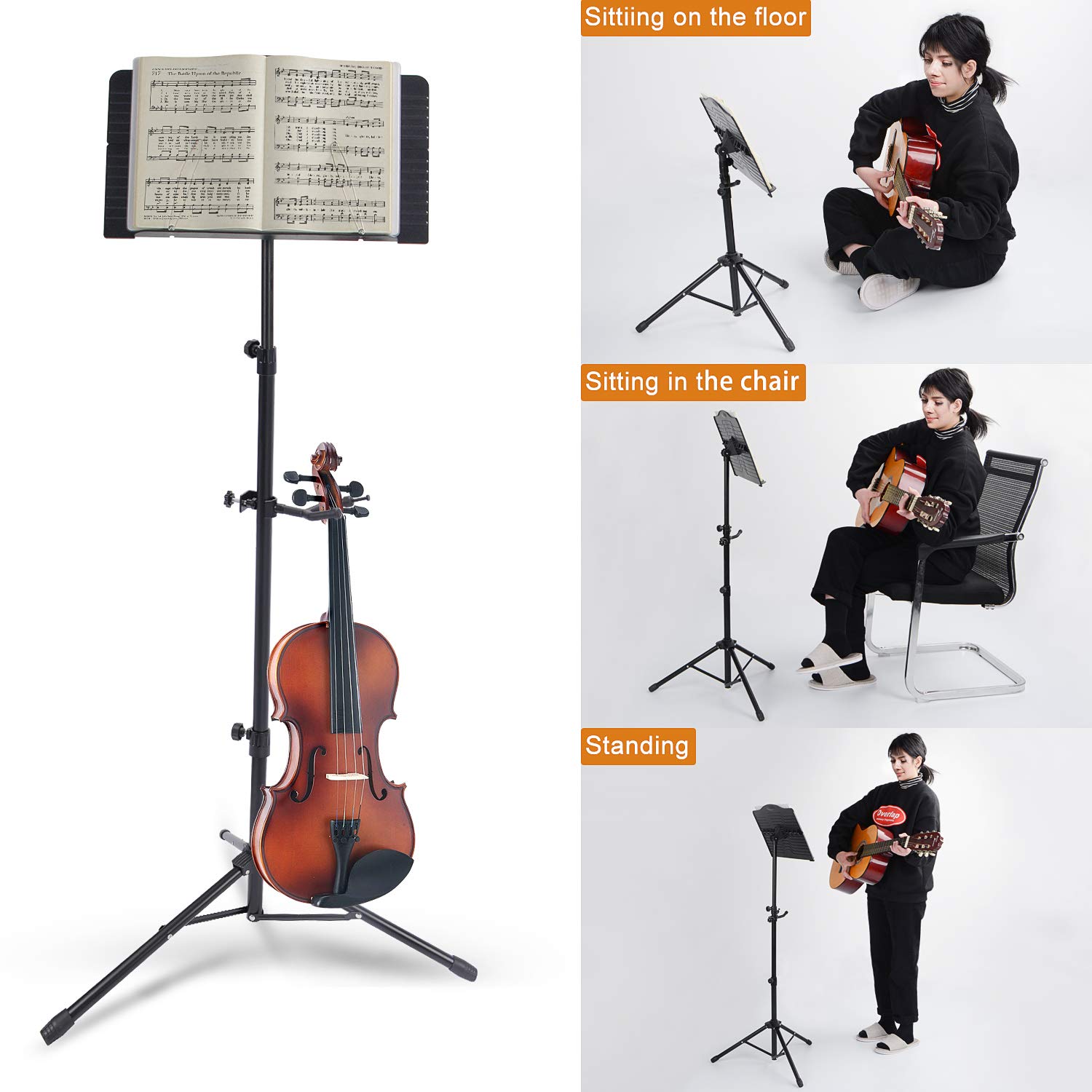 Premium Klvied Portable Folding Music Stand with Violin Hanger - Lightweight Black Sheet Music Stand with Carrying Bag | Perfect for Violin Practice, Orchestra Rehearsals & Home Music Studios