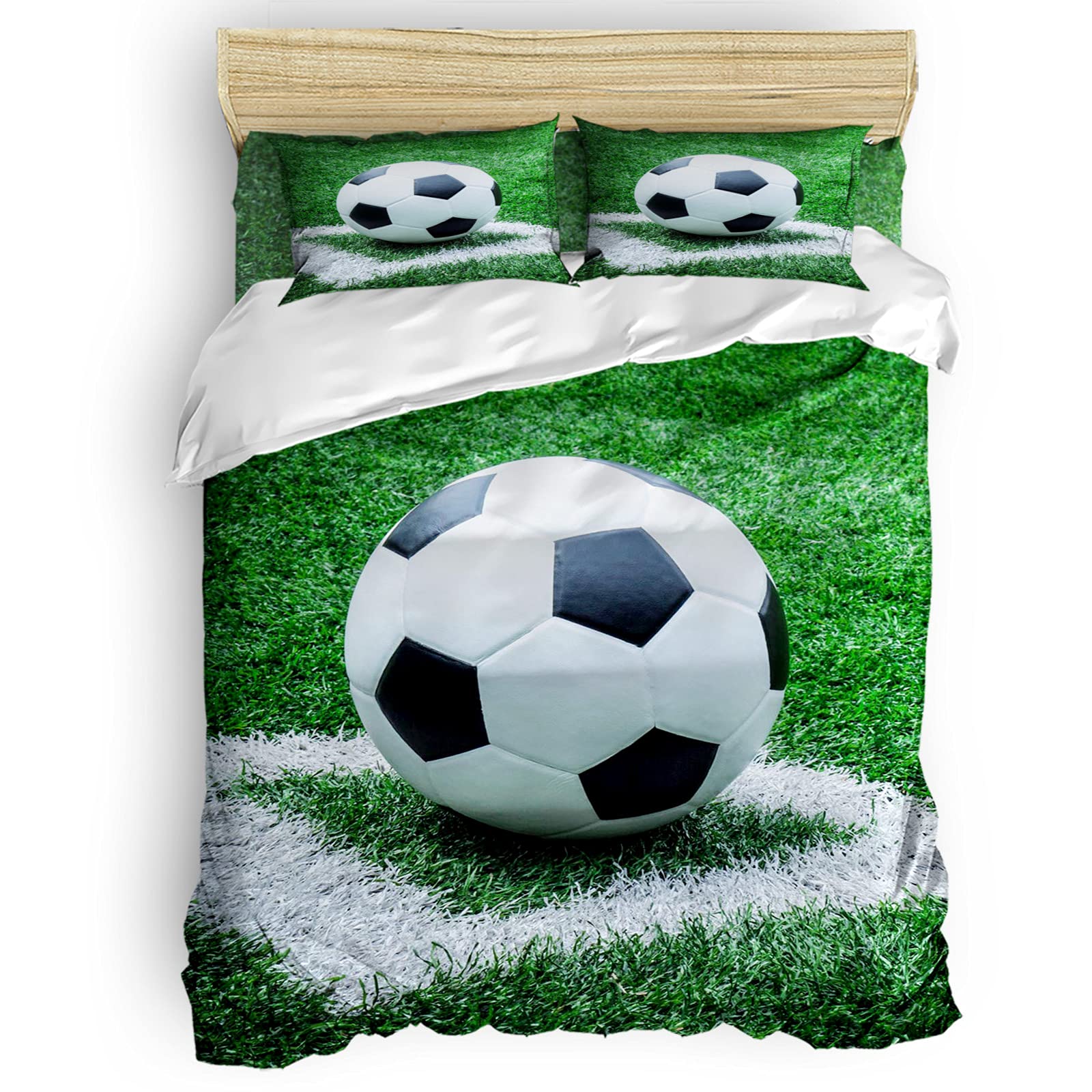 **King Size 3D Soccer Football Printed Duvet Cover Set - 4 Piece Bedding Set with 1 Comforter Cover, 2 Pillow Shams & 1 Flat Sheet - Soft, Breathable & Durable Zipper Closure for Kids & Adults - Perfect for Sports Fans, Bedroom Decor & Gift Ideas**