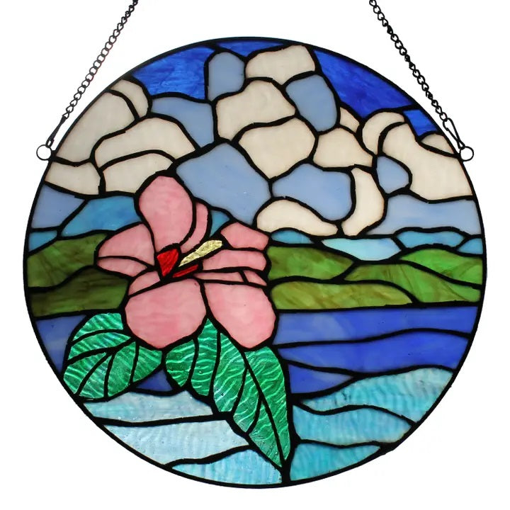 Stained Glass Tropical Hibiscus Sun Catcher - Handmade Colorful Window Decor for Home, Office & Garden - Perfect for Gifts & Boho Style Decorations