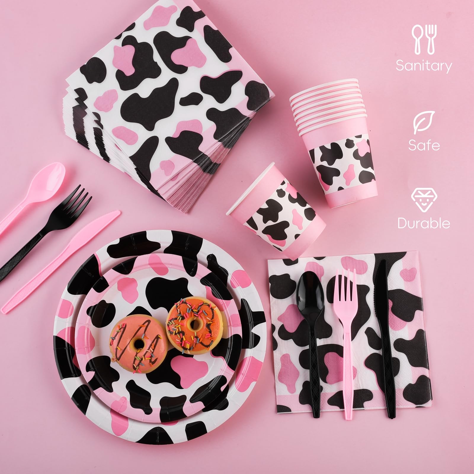 210-Piece Pink Cow Print Tableware Set - Plates, Cups, Napkins, Forks, Spoons & Knives for Cowgirl Party, Baby Shower, Farm Birthday - Serve 30 Guests - Perfect for Western Themed Events, Kids Birthday Parties & Farmhouse Decorations
