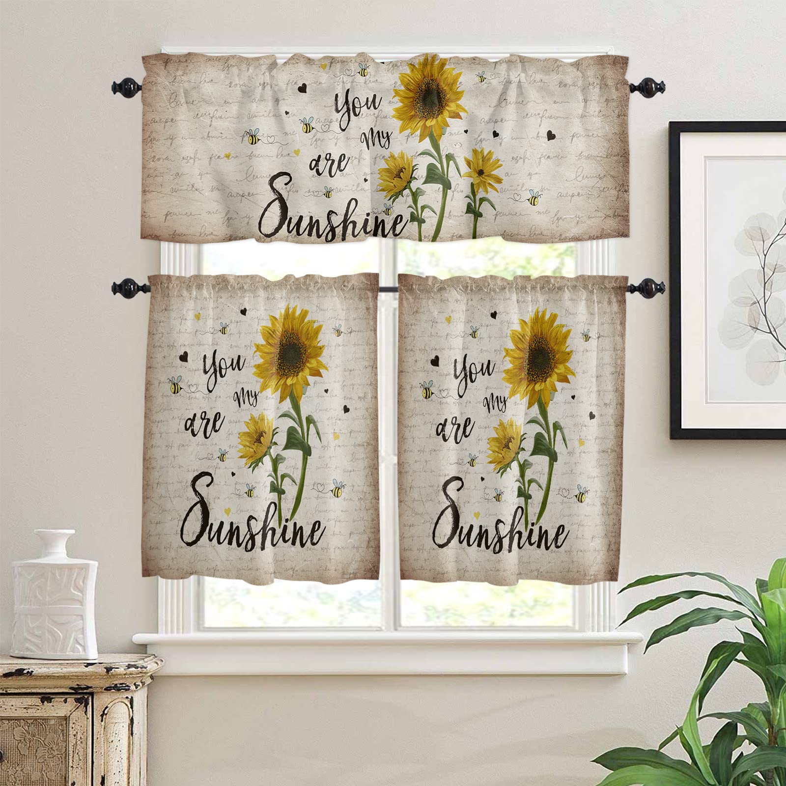 Rustic Sunflower 3-Piece Kitchen Curtain Set with Valance & Tier Panels - Insulated Blackout Drapes for Small Windows - Perfect for Kitchen & Bathroom Decor - 'You Are My Sunshine' Theme - Ideal for Cozy Farmhouse Style & Sunlight Control