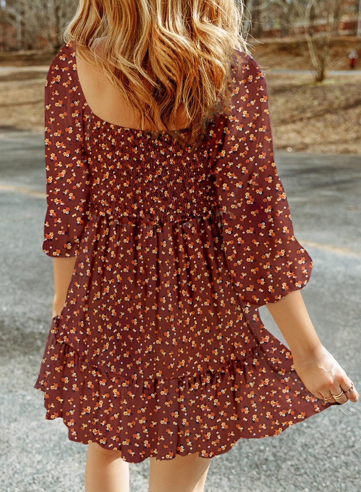 Dokotoo Women's 2025 Spring Boho Floral Square Neck Smocked 3/4 Sleeve A-Line Swing Mini Sundress - Casual Flowy Dress for Beach, Vacation & Summer Outings