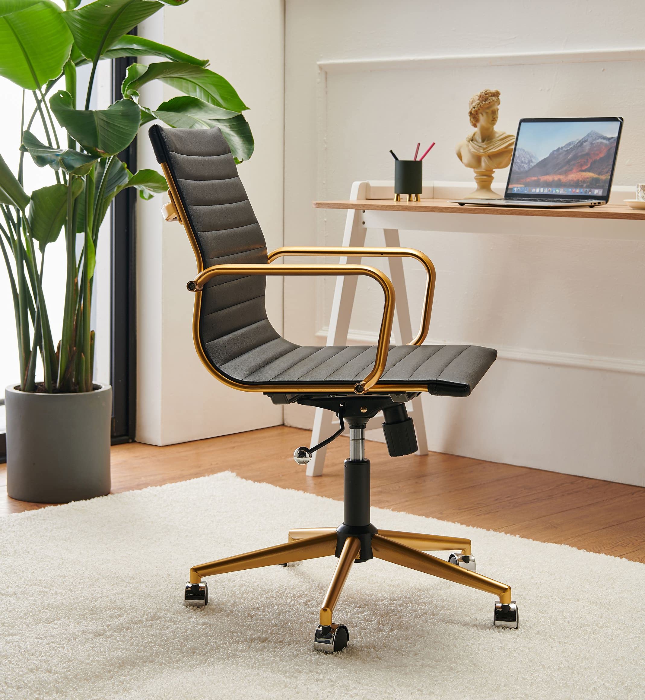 Premium Black & Gold Ergonomic Office Chair - High Back Leather Executive Chair with Lumbar Support & 360° Swivel - Heavy Duty 320lb Capacity for Home Office, Gaming & Computer Workstations