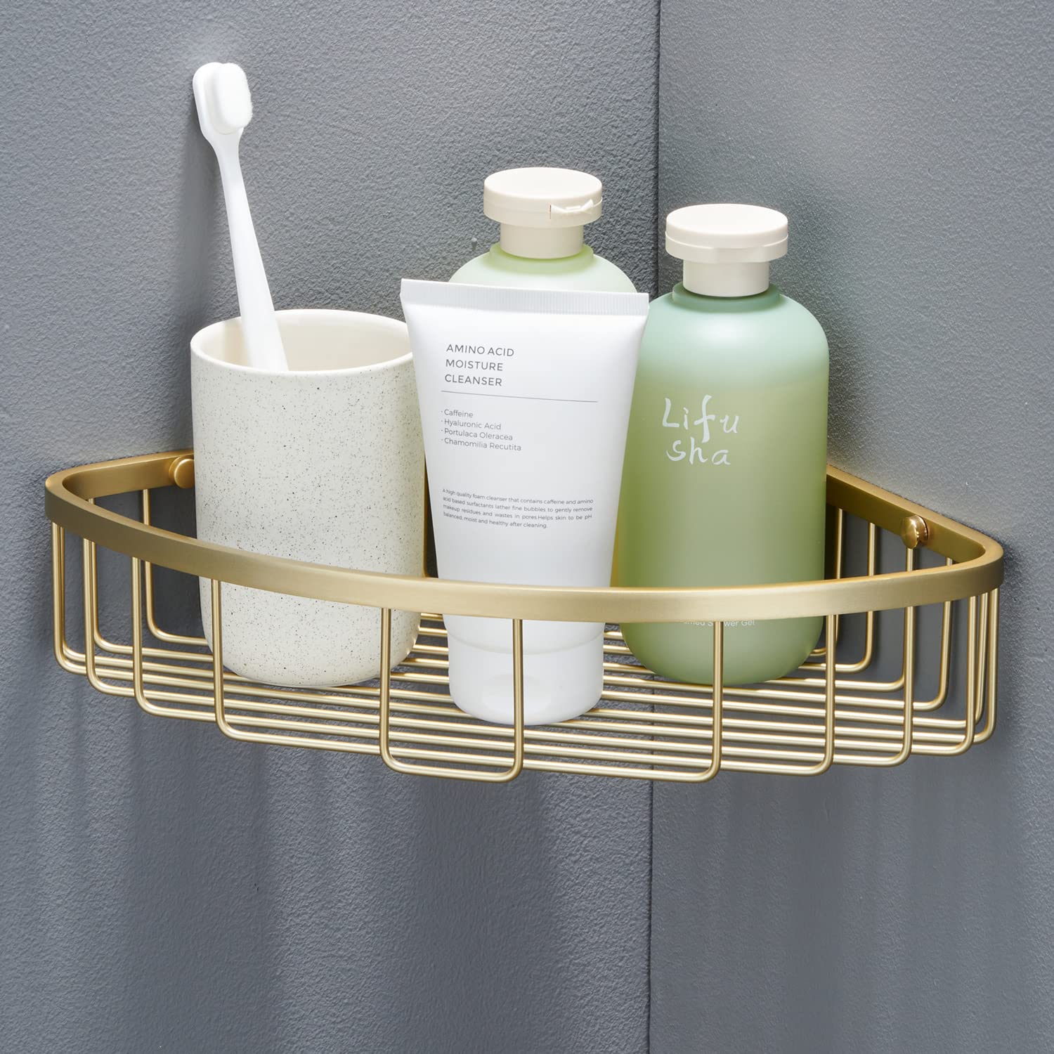 Stainless Steel Shower Caddy Corner Shelf - Rust-Proof Bathroom Organizer with Hollow Design, Wall Mounted Storage Rack for Shampoo, Soap & Bath Essentials - Brushed Gold Finish - Perfect for Small Bathrooms & Space-Saving Storage