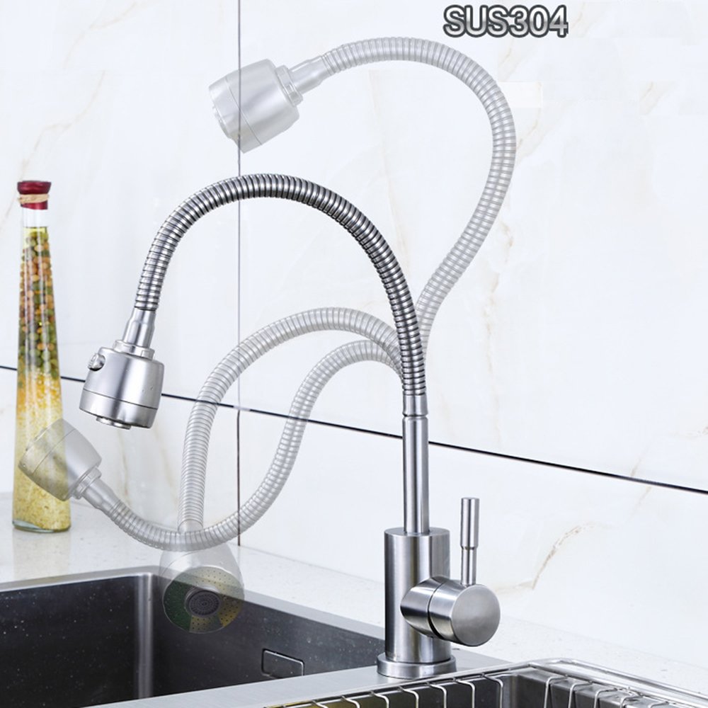 Stainless Steel 360° Swivel Dual Spout Kitchen Sink Faucet - Single Hole Mixer Tap for Modern Home & Restaurant Use
