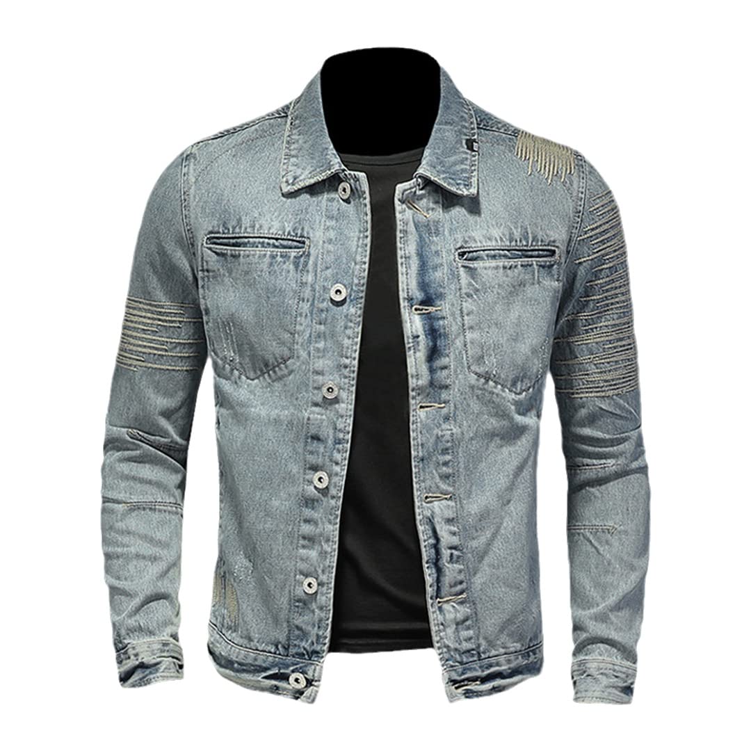 Men's Slim Fit European Style Denim Jacket with Patchwork Design - Trendy Casual Outerwear for Everyday Wear, Street Style, and Night Out