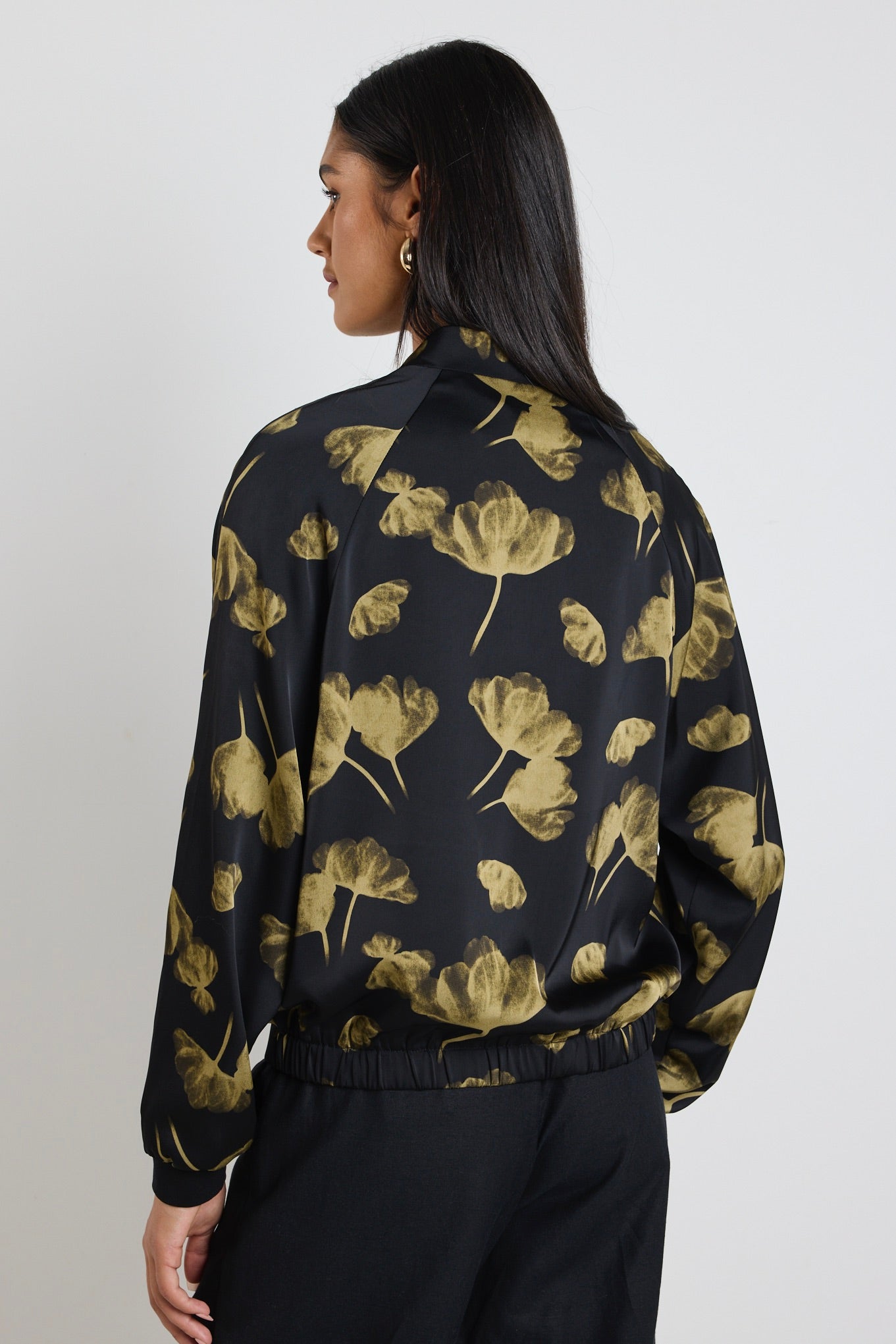 Aspire Black Khaki Floral Satin Bomber Jacket for Women - Stylish Lightweight Spring Outerwear for Casual Wear & Night Out