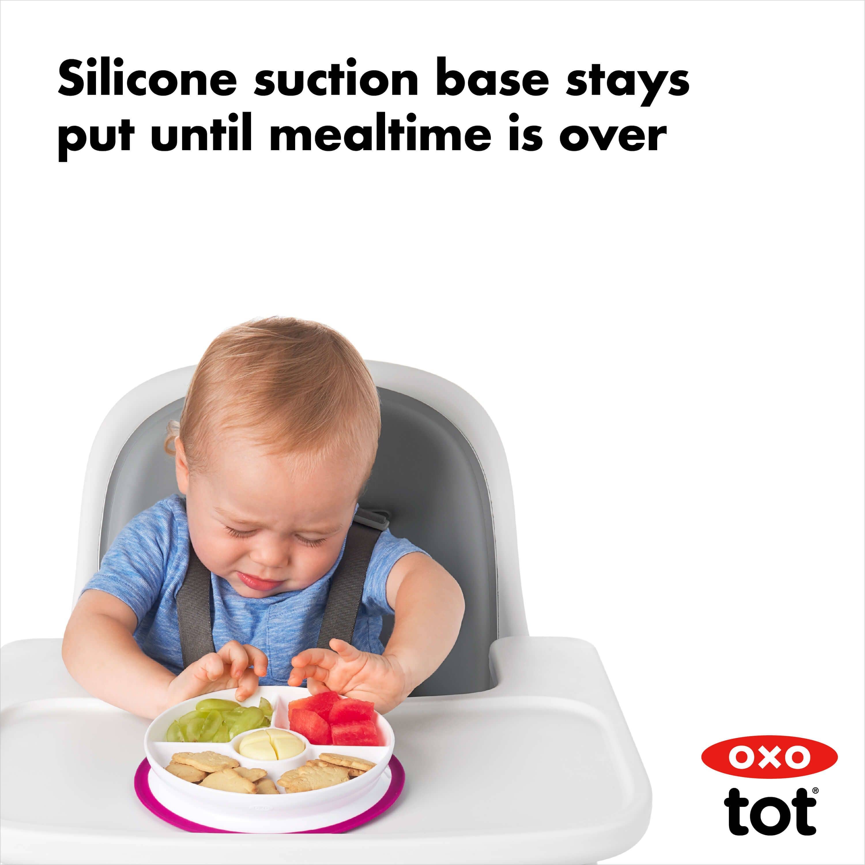 OXO Tot Stick & Stay Divided Plate - Non-Slip Baby Feeding Dish for Toddlers & Kids - Perfect for High Chairs, Travel & Mess-Free Meals