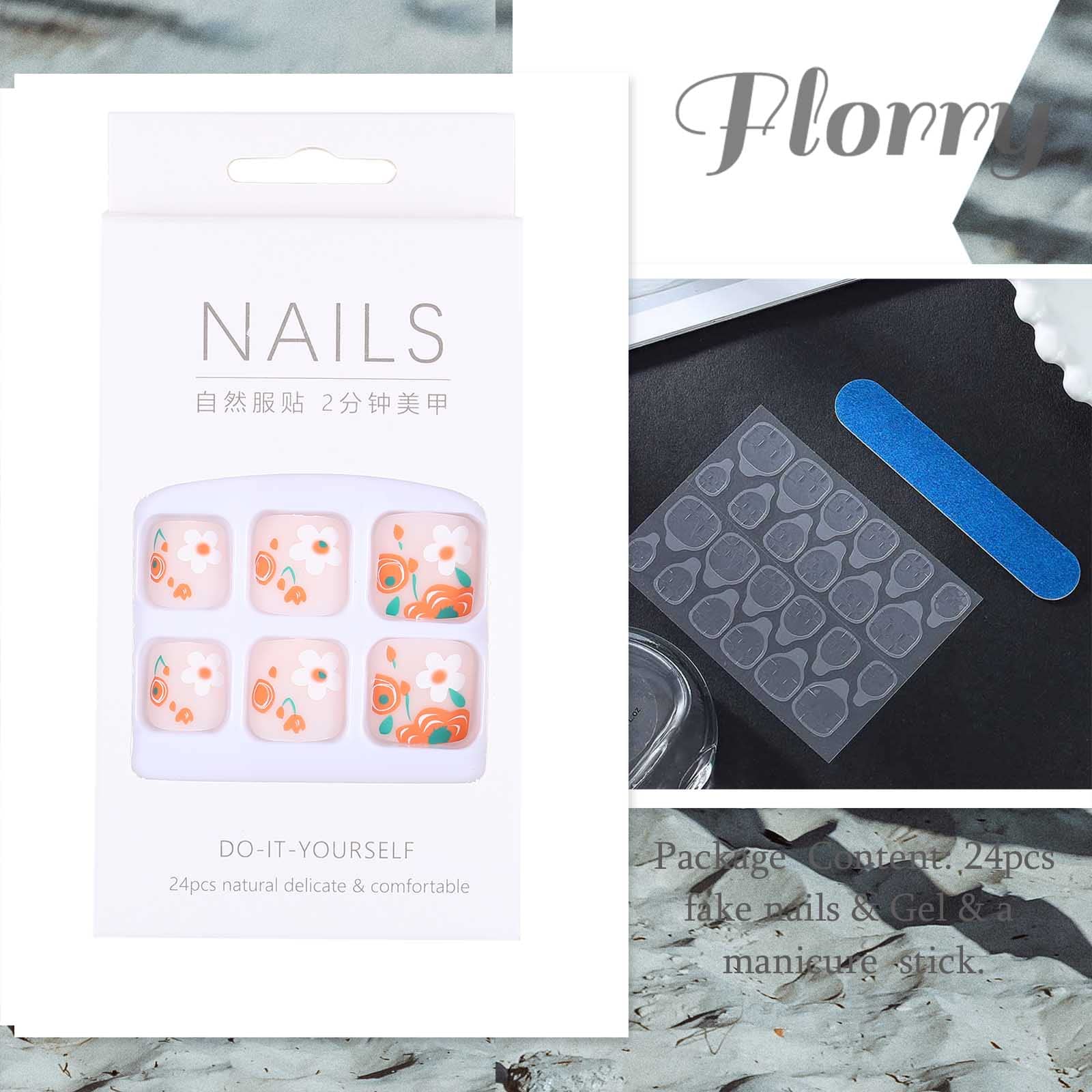 Florry Press-On Toenails for Women – White Acrylic Square Flower Matte Fake Toe Nails 24PCS (Set A) | Easy DIY Manicure & Pedicure | Perfect for Parties, Weddings, Vacations & Everyday Wear