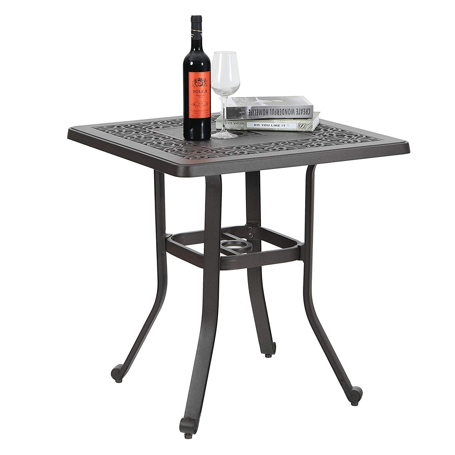 PHI VILLA 27.5 Inch Outdoor Square Bistro Table - Cast Aluminum Patio Side Table with Umbrella Hole for Garden, Backyard, Balcony - Perfect for Coffee, Tea, and Outdoor Dining