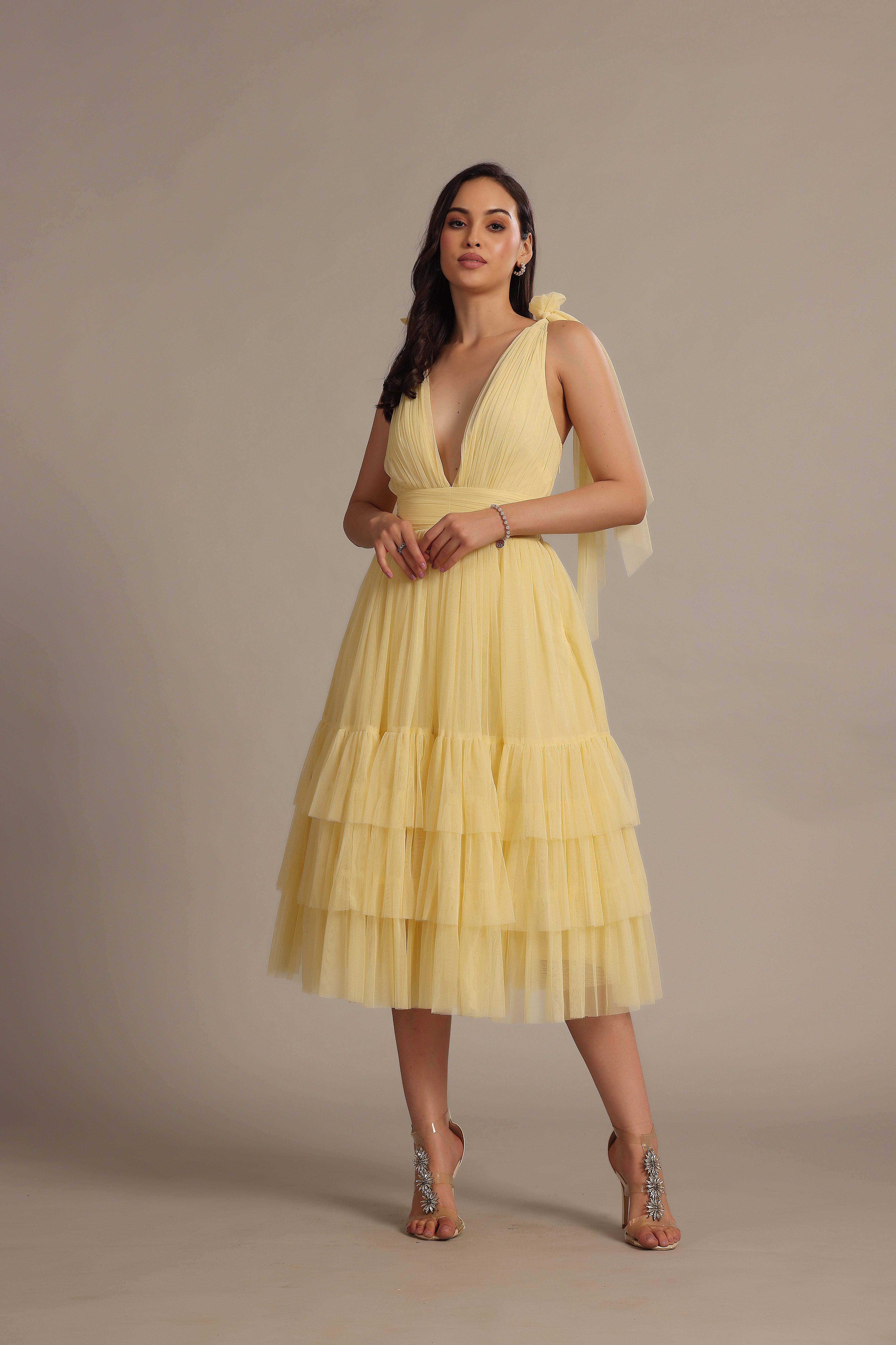 Buttercup Yellow Bow Shoulder Madison Midi Dress for Women | Elegant Party & Wedding Guest Outfit | Summer Cocktail & Formal Occasion Wear