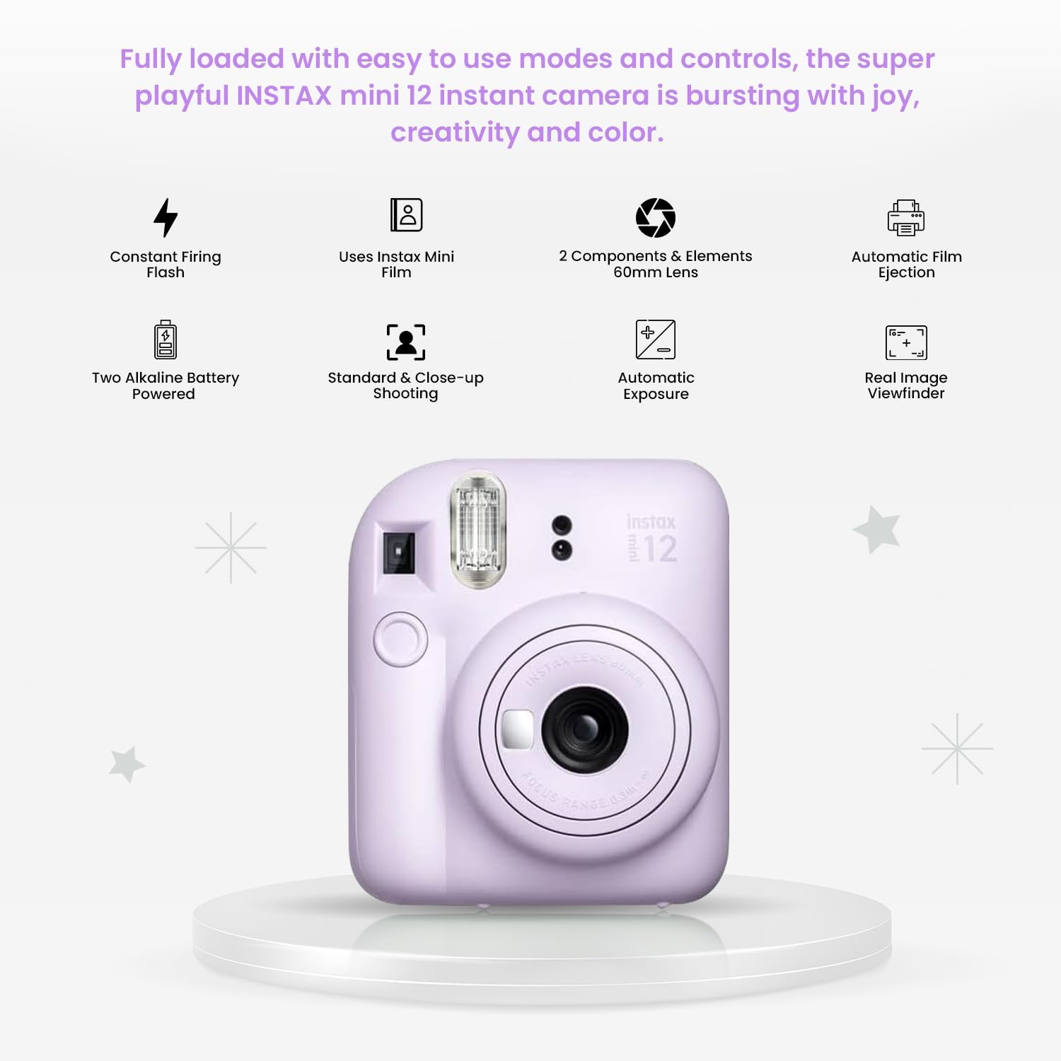 Fujifilm Mini 12 Instant Camera Starter Kit with 60 Sheets Mini Film, 4 AA Batteries & Lens Cloth - Lilac Purple | Perfect for Travel, Parties & DIY Photo Albums