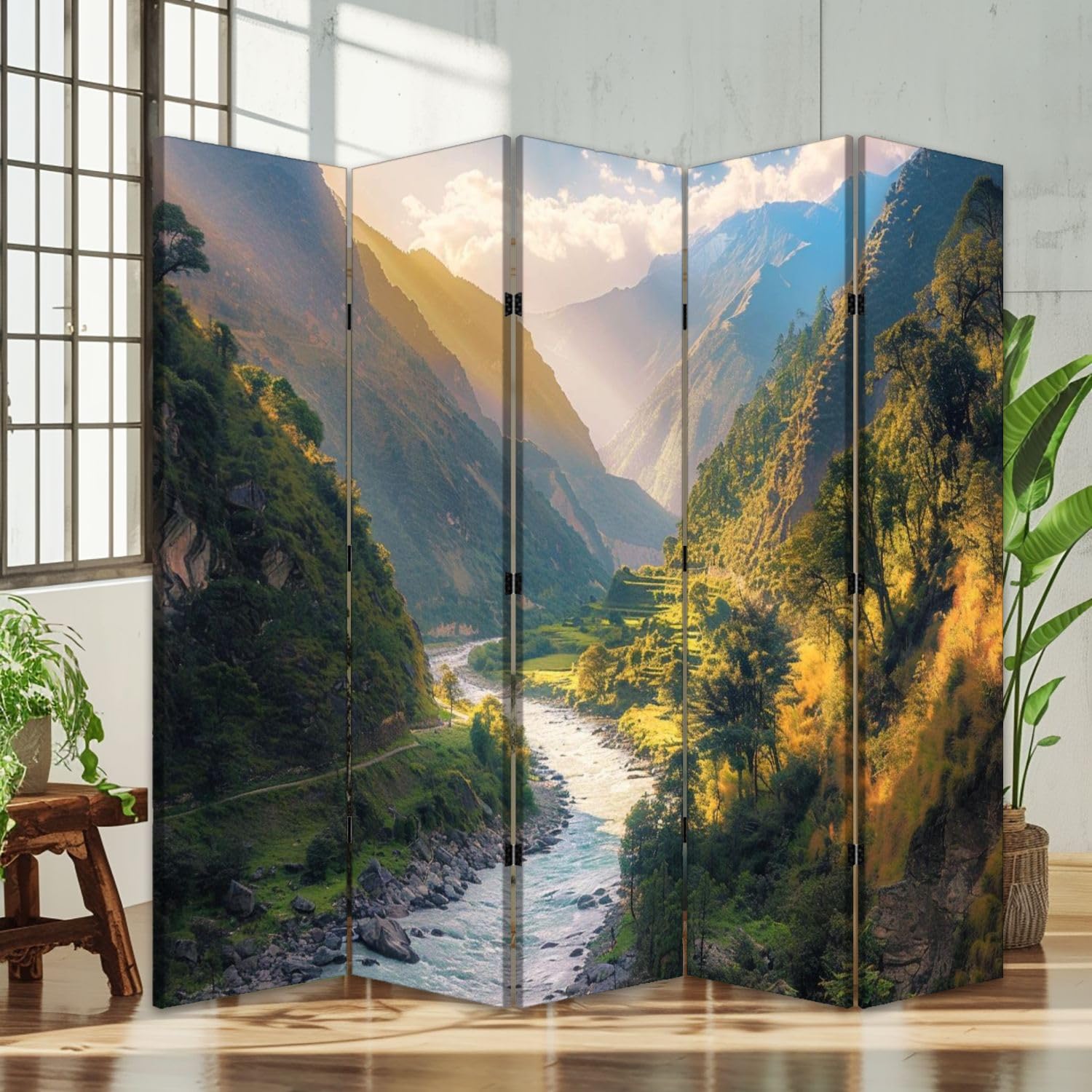 5-Panel Folding Room Divider - Colorful Himalayan Mountain Landscape with Curving River Canvas - Freestanding Privacy Partition for Living Room, Bedroom & Office - Indoor Protective Screen & Space Separator