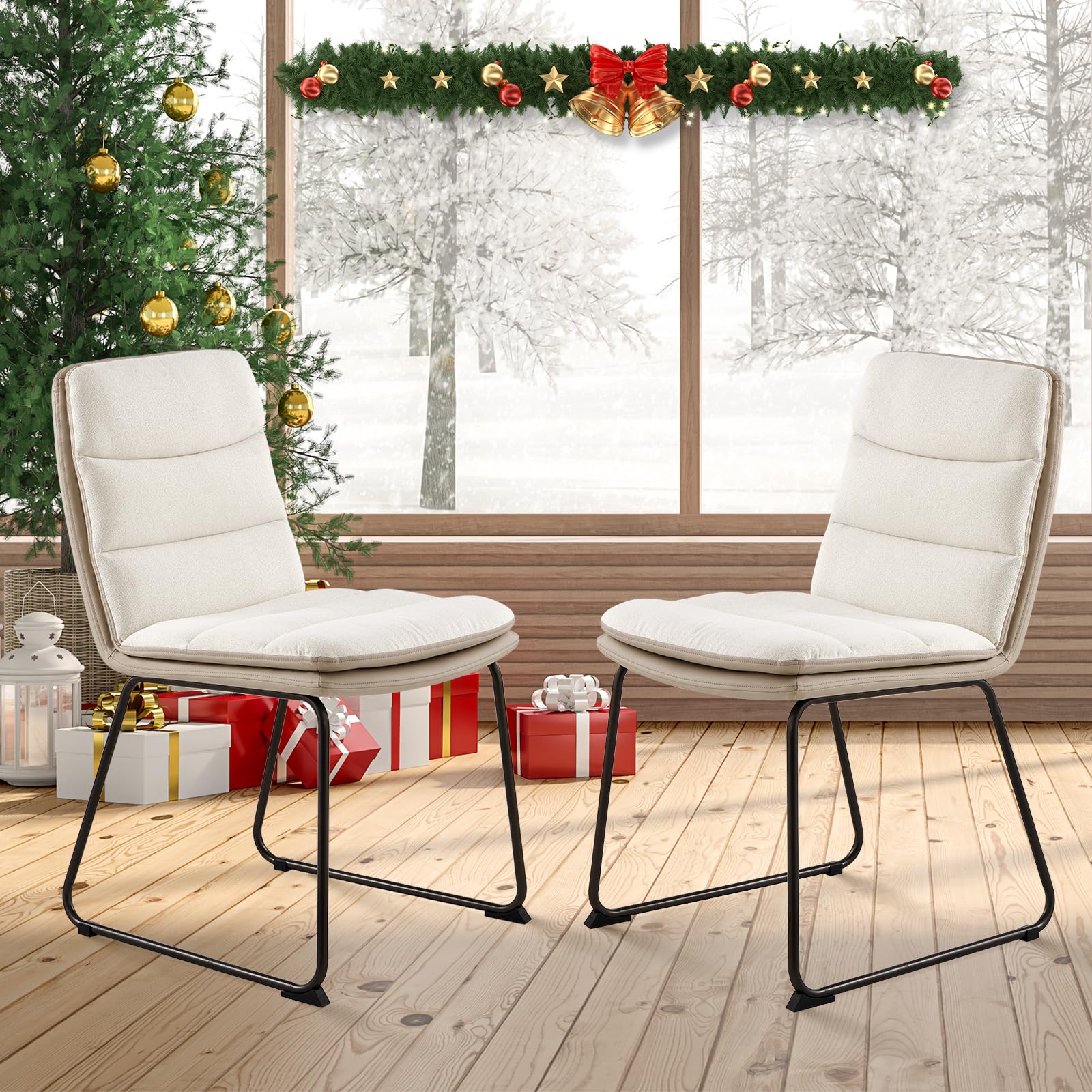 COLAMY Modern Dining Chairs Set of 2 - High Back Waffle Upholstered Kitchen Chairs with Metal Legs, Cream - Perfect for Dining Room, Kitchen, Breakfast Nook & Small Spaces