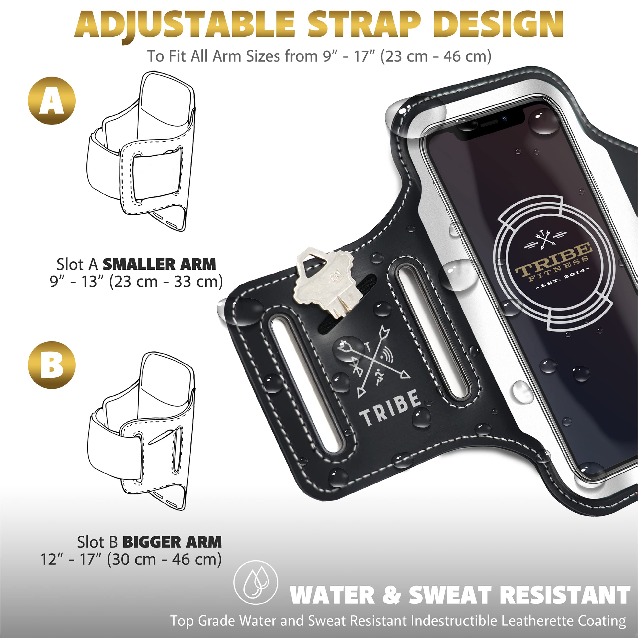 TRIBE Running Phone Holder Armband for iPhone & Galaxy - Adjustable Sports Armband for Women & Men - Perfect for Running, Jogging, Walking, Gym Workouts - Fits All Smartphones with CC/Key Pocket - Stay Connected During Outdoor Activities & Fitness Training