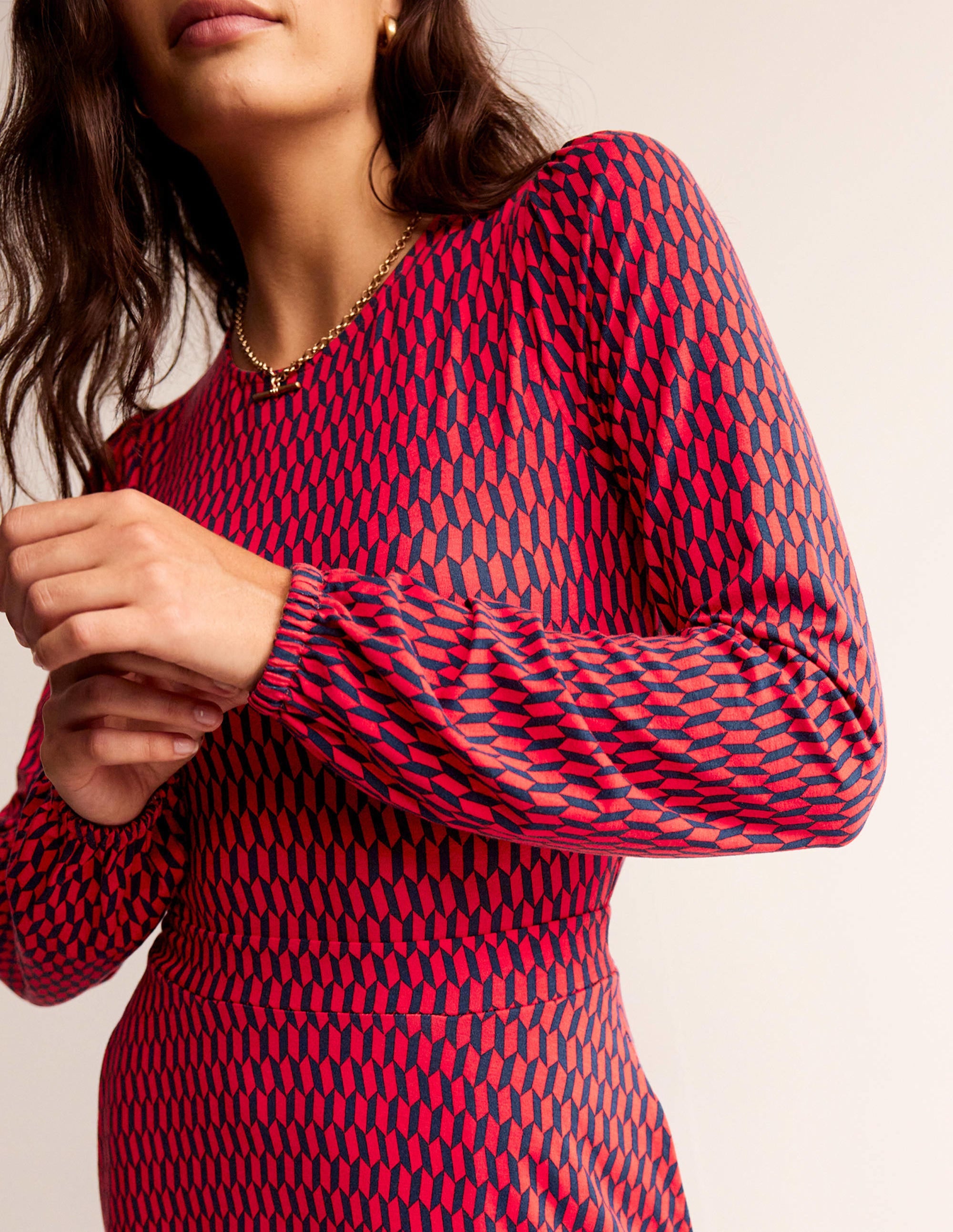 Camille Jersey Midi Dress in Brilliant Red with Block Tile Pattern - Perfect for Summer Parties, Weddings & Casual Outings