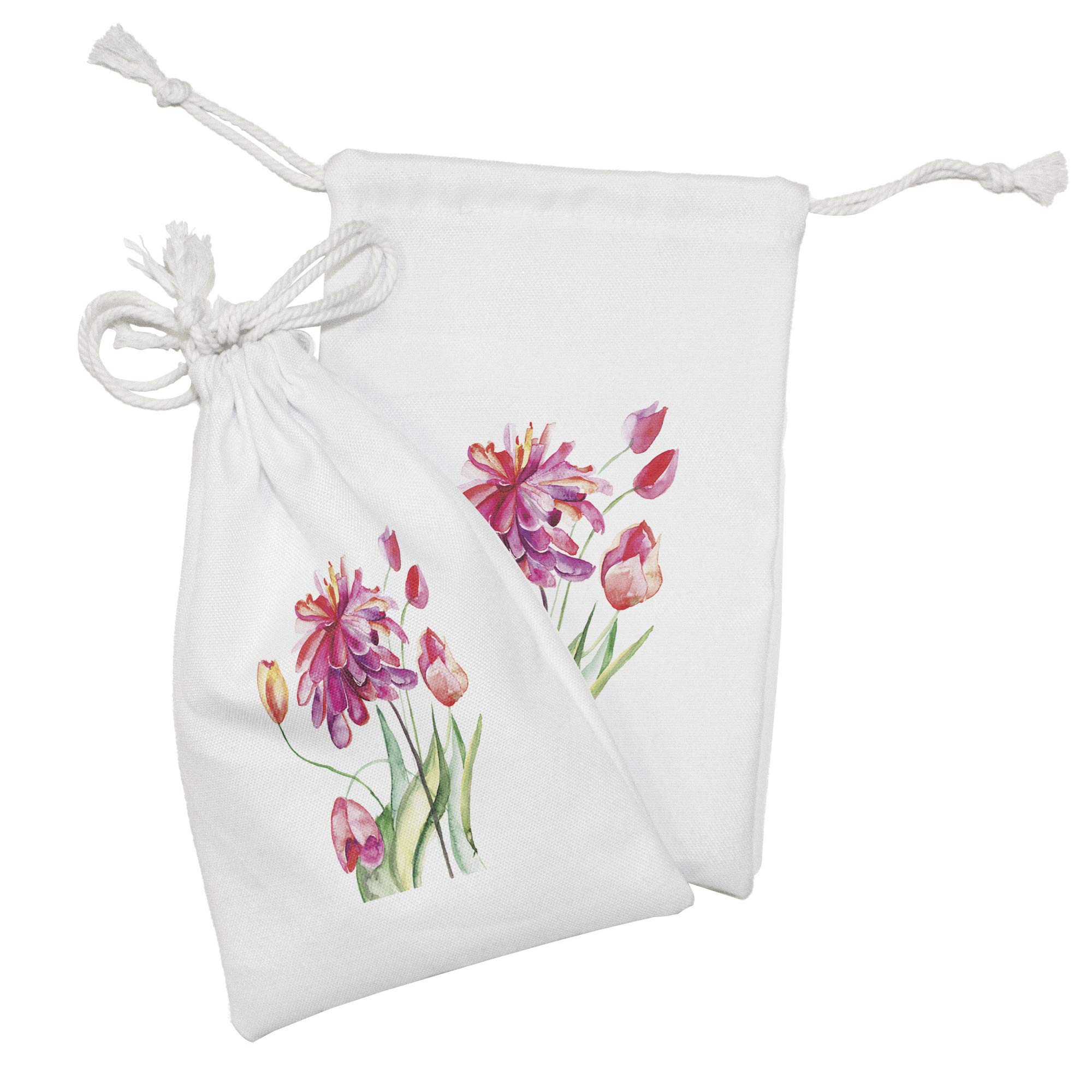 Ambesonne 2-Pack Dahlia Fabric Drawstring Pouches - Pastel Watercolor Peony & Orchid Floral Design, 9