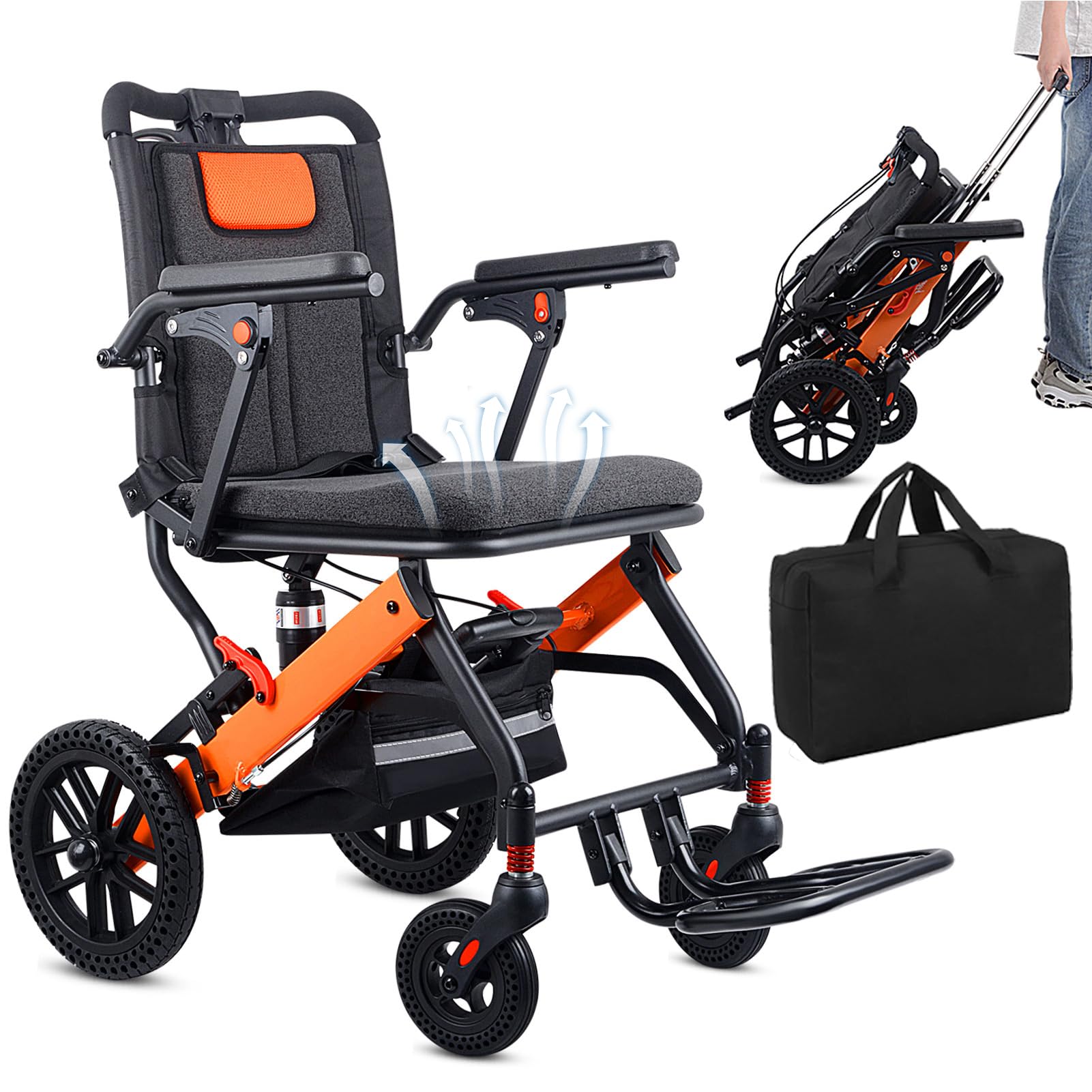 Upgraded Lightweight Transport Wheelchair for Adults with Telescopic Handle, Safety Belt & 2 Storage Bags - Ideal for Travel, Hospital Visits & Elderly Care