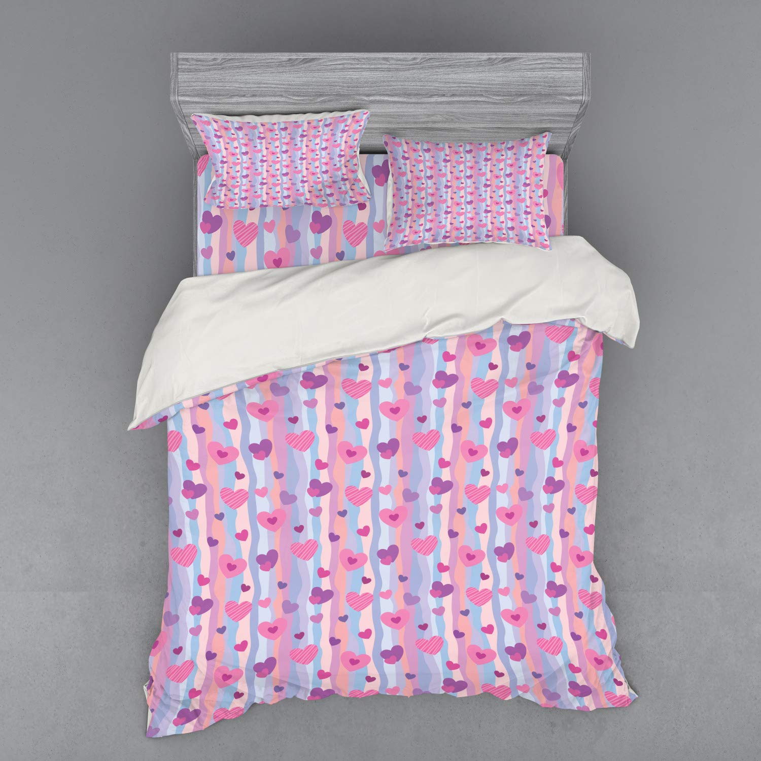Ambesonne Love Bedding Set 4-Piece - Queen Size Duvet Cover with Shams & Fitted Sheet, Romantic Hearts & Vertical Stripes Design in Pale Mauve Blue Purple Pink - Perfect for Valentine's Day, Wedding Anniversary & Couples Bedroom Decor