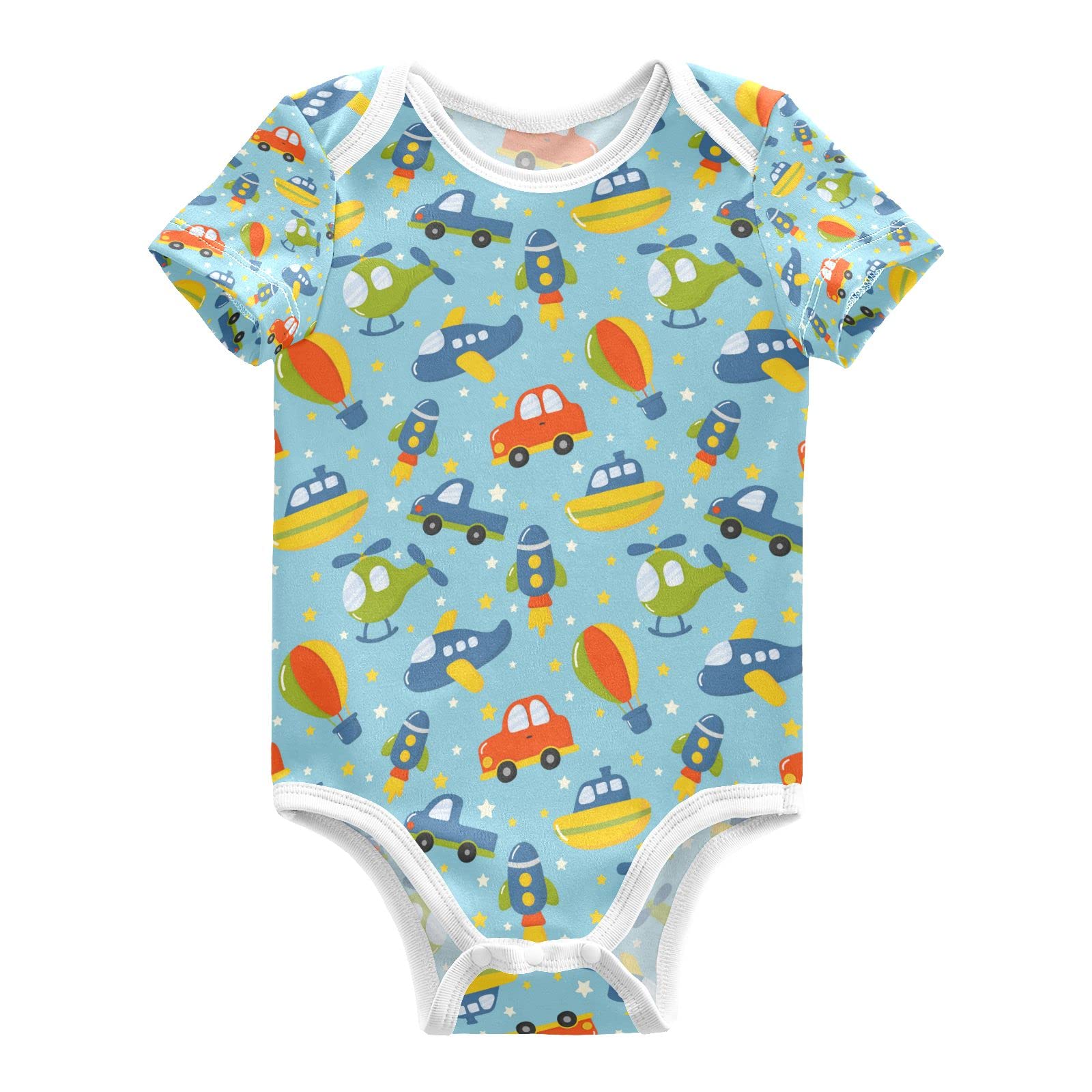 Cartoon Transport Toys Baby Bodysuits - Rocket Airplane Car Short Sleeve Jumpsuit for Newborns (0-3 Months) | Unisex Summer Outfit for Boys & Girls | Perfect for Playtime, Daycare & Family Outings