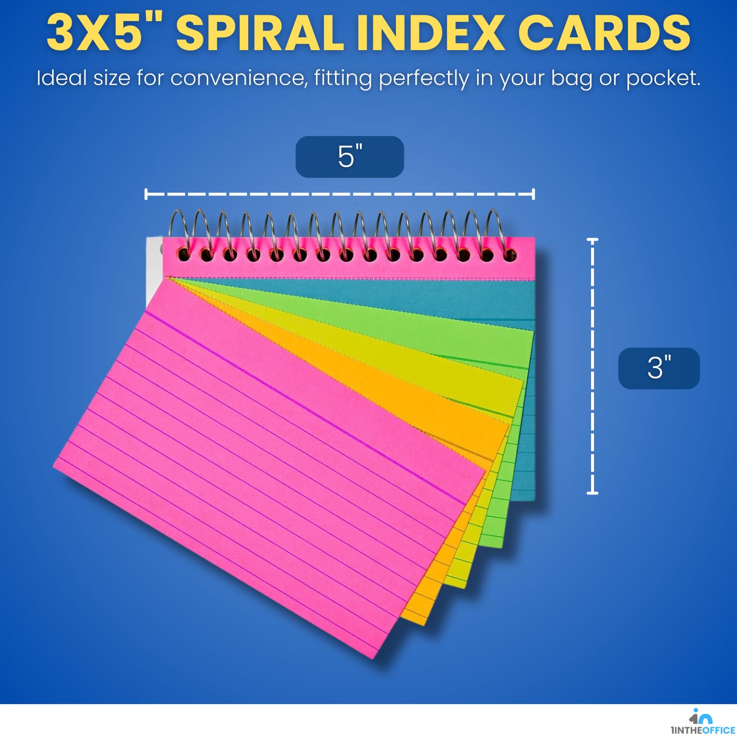 1InTheOffice Spiral Index Cards 3x5 Inches, Ruled Neon Note Cards Spiral Bound - 50 Cards/Pack, 2 Packs for School, Office & Study Organization | Colorful Flash Cards for Notes, Memos & Learning