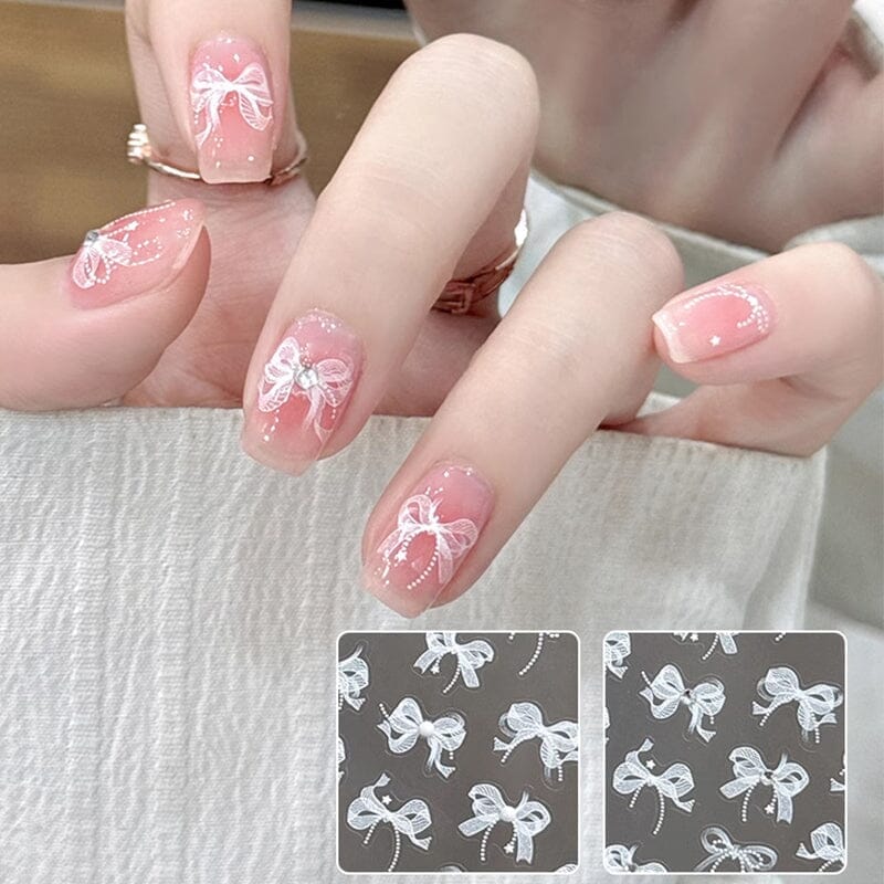 3D White Lace Bowknot Nail Stickers with Rhinestones - T355 #01 for Manicure, Nail Art, and Special Occasions