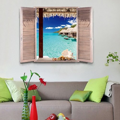 Adonpshy 3D Window View Beach Resort Wall Stickers - Removable Wall Art Decal for DIY Room Decor | Transform Your Bedroom, Living Room or Office with Beautiful Tropical Scenery