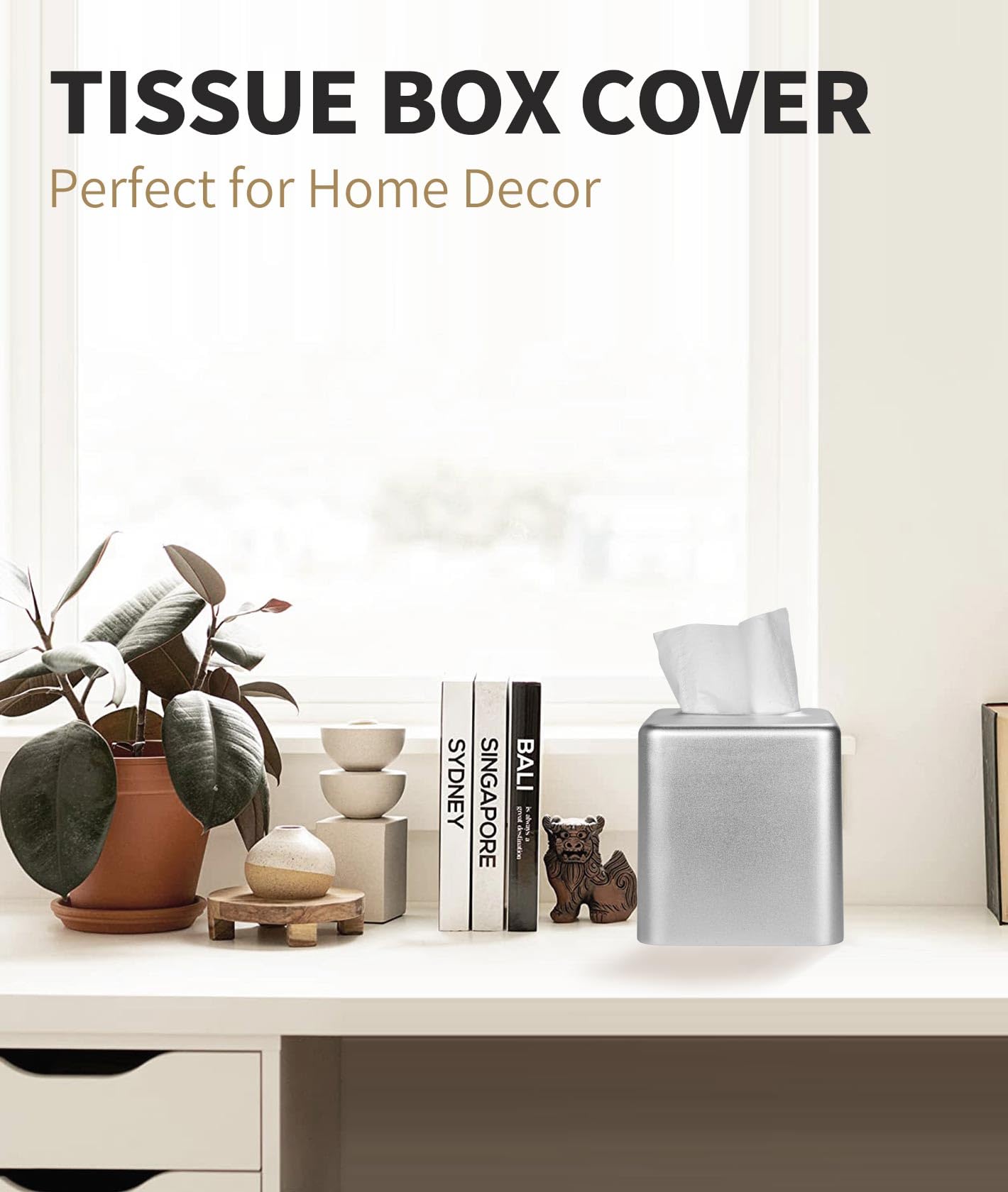 Modern Square Metal Tissue Box Cover - Elegant Silver Tissue Holder for Facial Napkins | Bathroom Vanity, Living Room, Bedroom & Office Decor | Durable & Stylish Home Accessory