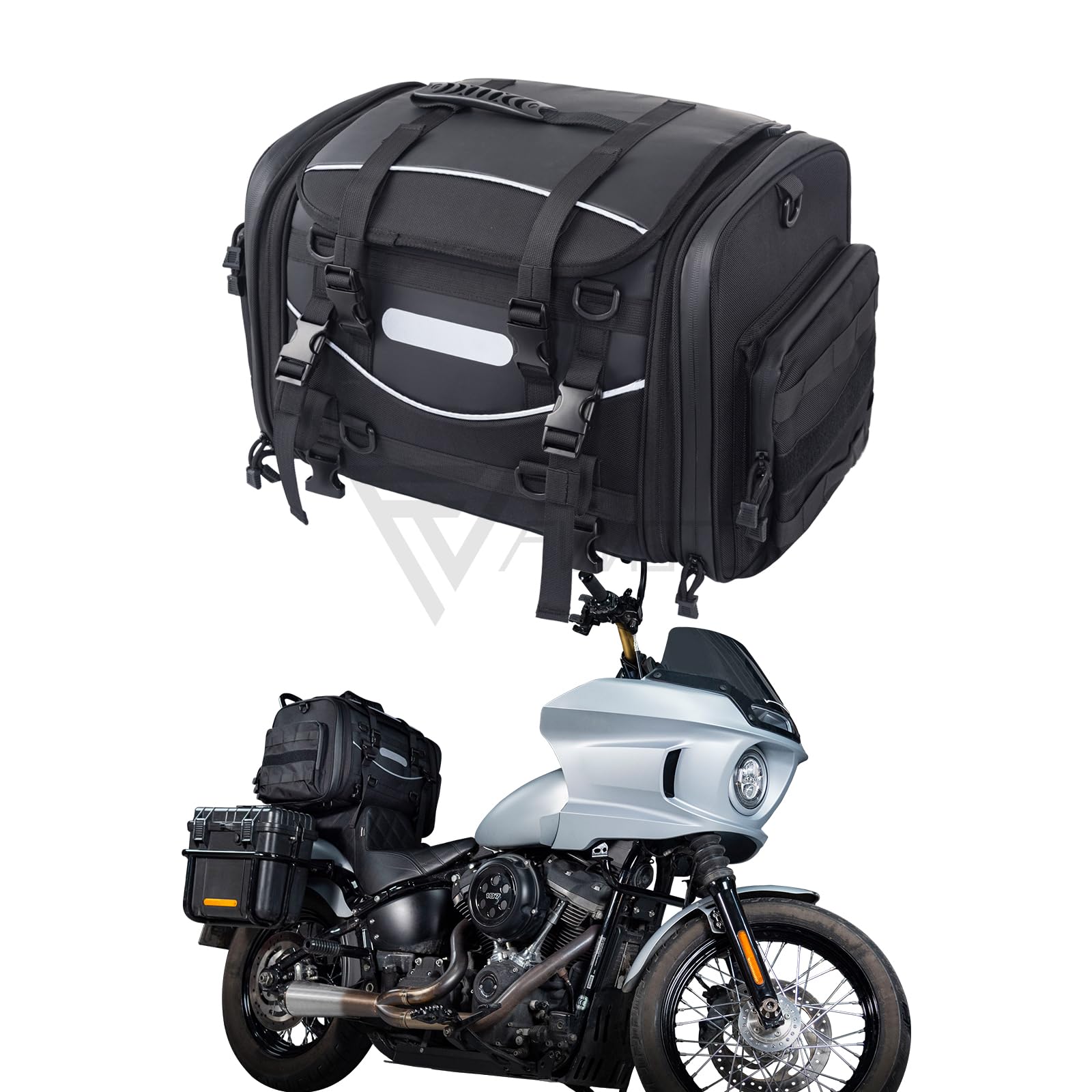**Universal Motorcycle Travel Luggage - Expandable 40-60L (10-15 Gallon) Waterproof Tail Bag & Sissy Bar Bag with 6 Straps - All-Weather Rack Bag, Helmet Storage, Tour Pack Backpack - Perfect for Long Rides, Camping & Road Trips**