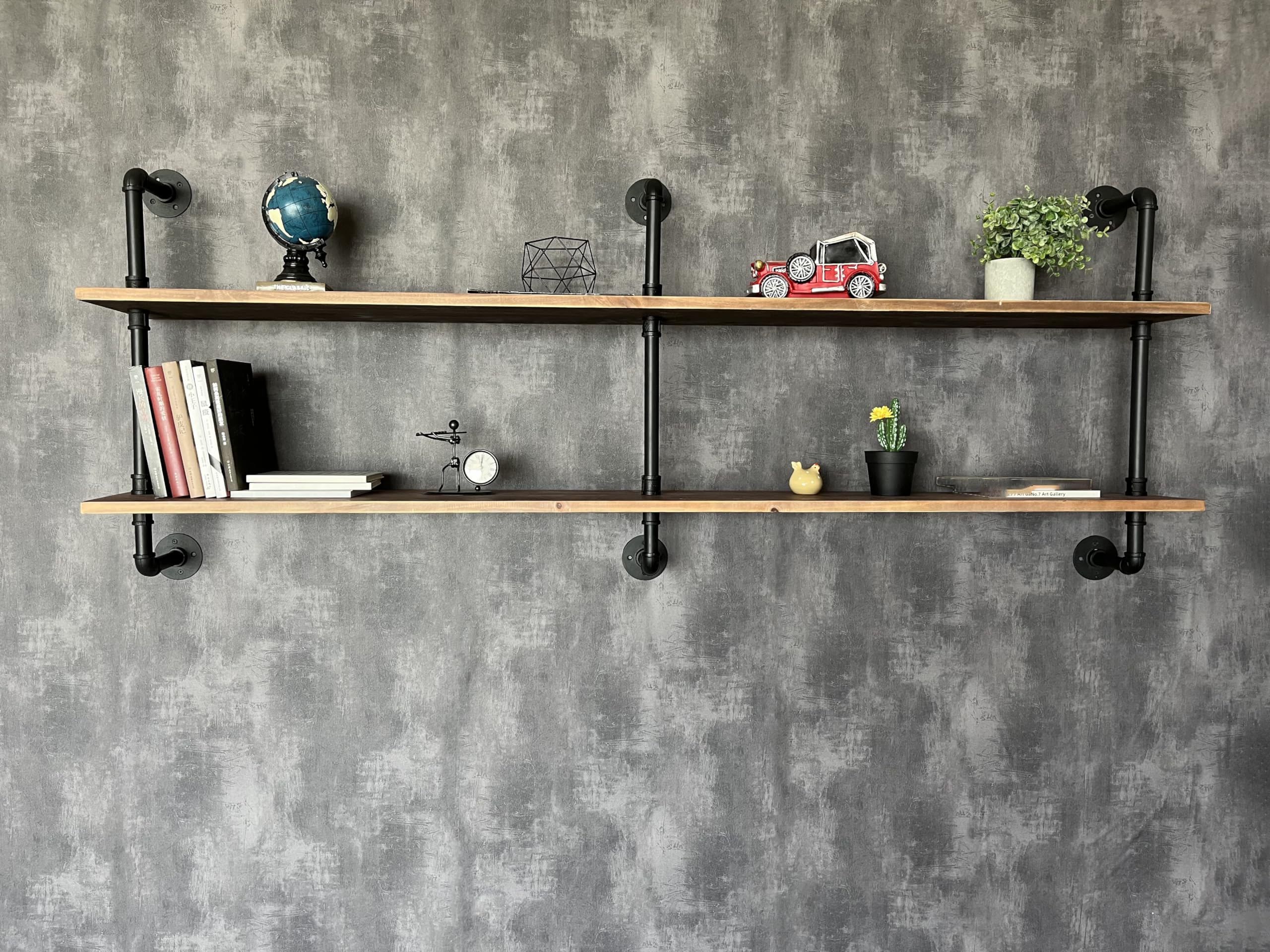 70 Inch Floating Shelves Wall Mounted - Industrial Pipe Bookshelf with Real Wood Planks | Rustic Farmhouse Style for Kitchen, Bar & Living Room Decor