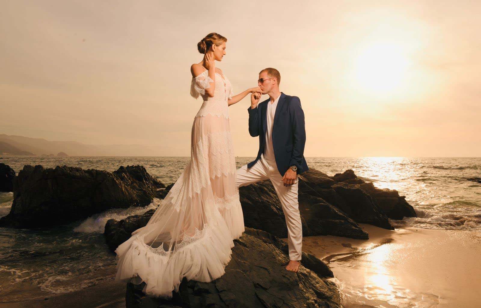 Elegant V-Neck Lace Wedding Dress with Ruffle Sleeves - Boho Chic Beach Wedding Gown for Outdoor Ceremonies | Perfect for Beach, Garden & Destination Weddings