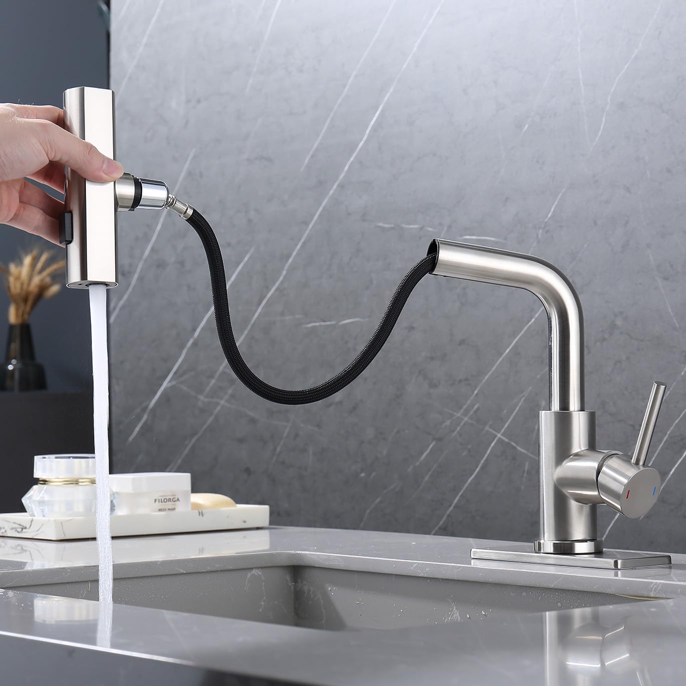 Delle Rosa Pull Out Kitchen Faucet with Sprayer - 3 Function Waterfall Brushed Nickel Faucet for Modern Kitchen | Perfect for Washing Dishes, Filling Pots & Cleaning Countertops